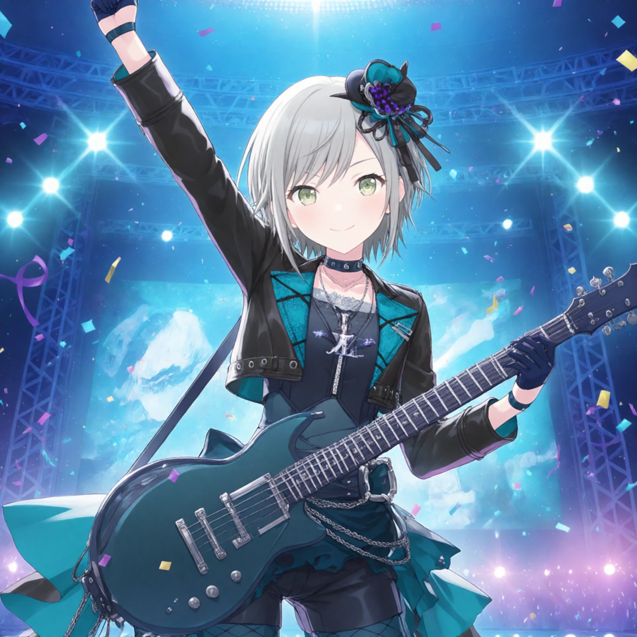 1girl, hinomori shiho, project sekai, solo,
resonance shiho, green eyes, detailed eyes, grey short hair, smiling, closed mouth,
looking at viewer, standing, , holding base guitar, light green guitar, arm up, clenched hand, four fingers and thumb, upper body shot,
black jacket, fishnet pantyhose, necklace, blue gloves, fishnets, mini hat, long sleeves, open jacket, mini top hat, choker, black shorts, thigh strap, pantyhose under shorts, black shirt, dark green pantyhose, belt, half gloves, cropped jacket,
dark, stage, stage light, neon light, confetti-flurry,
nijistyle, jwst, masterpiece, amazing quality, very aesthetic, ultra detailed, highres,
<lora:hand 5.5:1>, <lora:ObIL-style-nijistyle02:0.6>, <lora:ObIL-style-JWST02:0.2>,
<lora:ObIL-leo-ResonanceSh01:0.6>