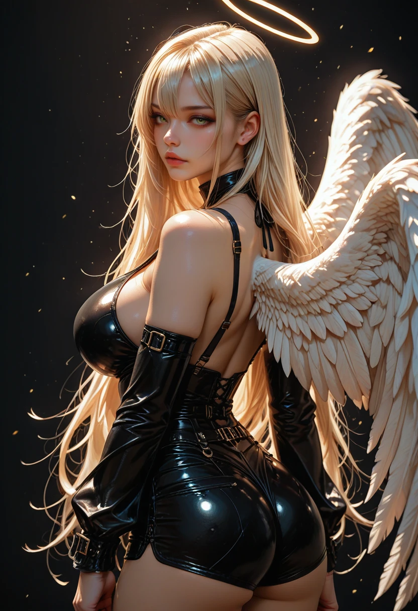 1girl, solo, from behind, looking at viewer, green eyes, blonde hair, wings, long hair, leotard, bare shoulders, angel wings, shorts, feathered wings, white wings, detached sleeves, black leotard, black background, black shorts, huge breasts, simple background, hair between eyes, cowboy shot, large breasts, short shorts, collarbone, o-ring, very long hair, belt, long sleeves, sidelocks, buckle, highleg leotard, black belt
