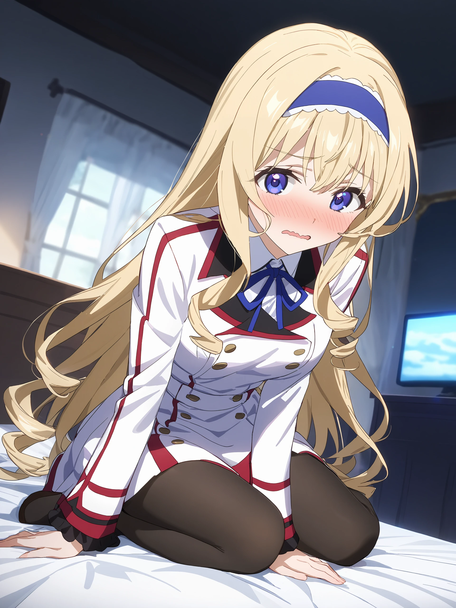 anime screenshot, anime coloring, incredibly absurdres, ultra detailed, masterpiece, best quality, perfect features, intricate details, ray tracing, very aesthetic,  <lora:Char-IS-Cecilia-V1-SDXL:0.9:hr=0.6>, 1girl, cecilia alcott, blue hairband, solo, blue neck ribbon, infinite stratos academy school uniform, black pantyhose, looking at viewer, embarrassed, blush, wavy mouth, sitting on bed, full body, bedroom, indoors, blurry background