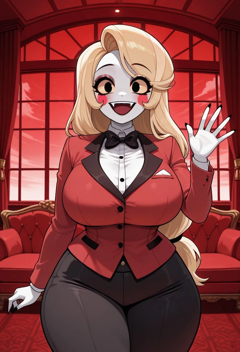 1girl, solo female, ng_deepnegative_v1_75t, easynegative, absurdres, detailed, masterpiece, bestquality, 50K, Charlie Magne, Blonde Hair, Long Hair, Low-Tied Long Hair, Bangs, Colored Sclera, Black Eyes, Eyeshadow, Bowtie, Red Jacket, White Shirt, Collared Shirt, Long Sleeves, Black Pants, Colored Skin, Blush Stickers, Makeup, Black Nails, Fangs, , wide , thick thighs, hotel lobby, red walls, vintage furniture, window, red sky, looking at viewer, smile, perfect hands, waving