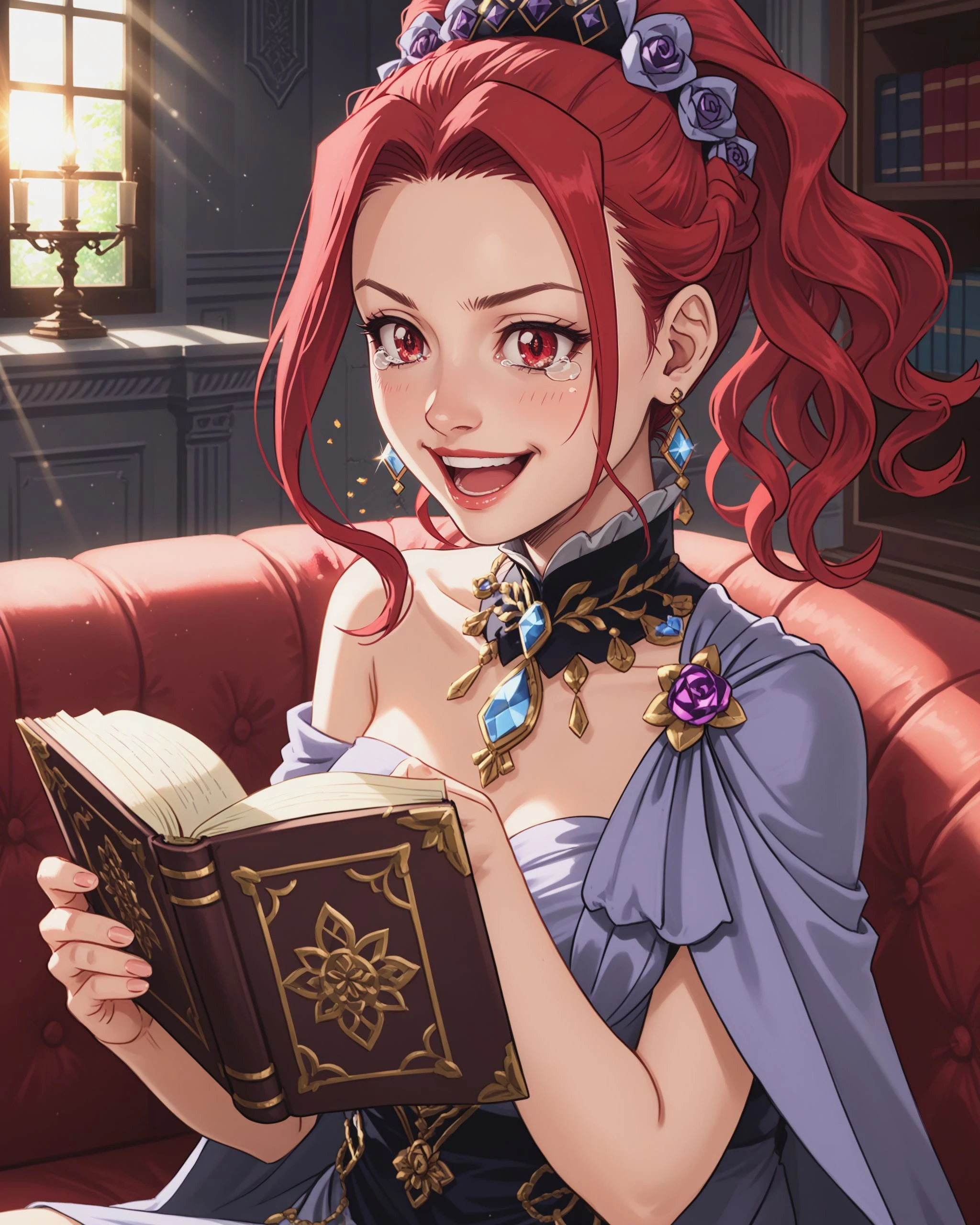 Pina_Colada, red hair, red eyes, 1girl, solo, in casual royal dress,
sitting on a luxurious sofa, reading manga, laughing out loud
joyful, laughing, wide smile, tears of laughter,
warm lighting, soft focus, candid shot, close-up,
opulent palace interior, large windows with sunlight streaming in, bookshelves,
score_9, score_8_up, illustration, vibrant colors, expressive
<lora:Pina_Co_Lada_Pony:1>