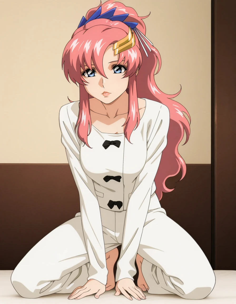 masterpiece,best quality,amazing quality,very aesthetic,high resolution,ultra detailed,perfect details,anime coloring,
bedroom,
1girl,dynamic pose,<lora:mai_white_jacket:1>,mai_white_jacket,black_bow,white_pants,baggy_pants,collarbone,barefoot,
<lora:lacus_c_IL1-120007:1>,lacus_c,1girl,anime coloring,retro artstyle,solo,long hair,pink hair,high ponytail,hair ornament,hair ribbon,hair between eyes,purple eyes,lips,lipstick,medium ,