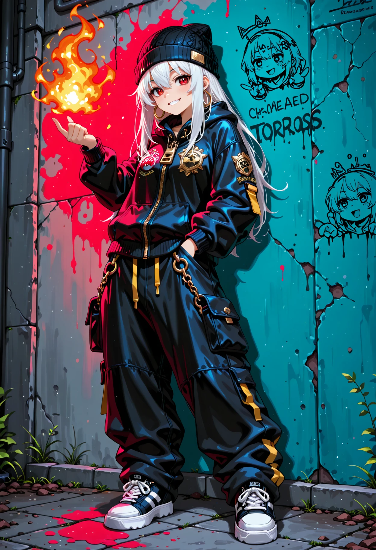 newtraumacore, masterpiece, best quality, 1girl, solo, oversized bomber jacket, loose cargo pants, high-top sneakers, beanie hat, gold hoop earrings, relaxed pose, leaning against a graffiti wall, playful grin, street aesthetic, hip-hop fashion, confident energy, fire magic, flames, red,blue,pink,yellow,green,, (realism art by Fernand Cormon:1.1) and (Claude Cahun:1.0) , Scaly Tortoise, Colorless background, Foggy conditions, deep focus, Crystal Cubism, 35mm, Hypersaturated