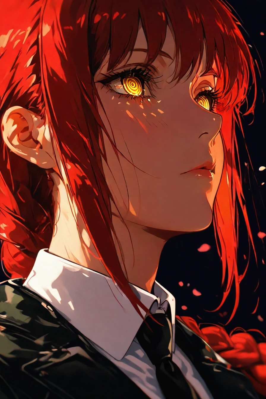 makima, red hair, long hair, yellow eyes, ringed eyes, braid, white collared shirt,black necktie, black pants, <lora:anime_portrait_wallpaper-000031:1>, anime_portrait_wallpaper, portrait, masterpiece, highres