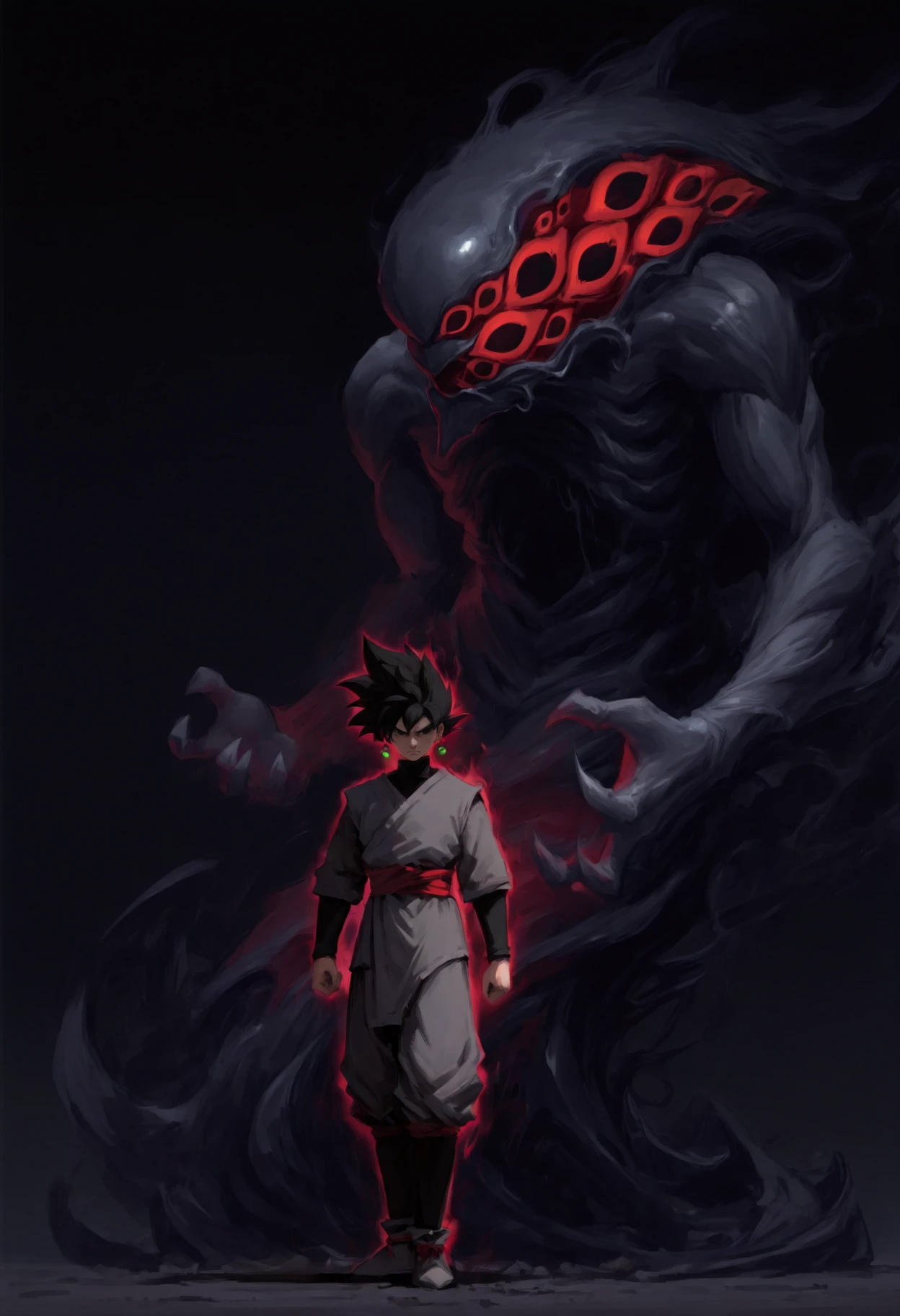 masterpiece, best quality, absurdres, painterly, simple background, black background, 1boy, 1other, full body,  <lora:Summon:1>
1boy, goku black, spiked hair, black hair, black eyes, potara earrings, black shirt, long sleeves, grey tunic, grey dougi, red sash, green single earring, closed mouth, serious, fighting stance,
1other, aura, eldritch abomination, extra eyes, monster, giant monster,