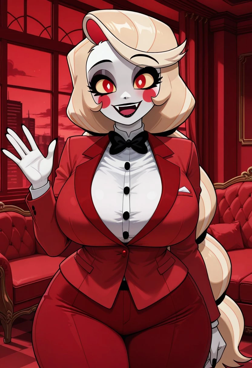 1girl, solo female, ng_deepnegative_v1_75t, easynegative, absurdres, detailed, masterpiece, bestquality, 50K, Charlie Morningstar, Blonde Hair, Long Hair, Very Long Hair, Multicolored Hair, Colored Sclera, Yellow Sclera, Red Eyes, Eyeshadow, Blush Stickers, Makeup, Fangs, Black Lips, Black Nails, Black Bowtie, Red Suit, White Shirt, Red Jacket, Long Sleeves, Formal, Red Pants, Pale Skin, Colored Skin, , wide , thick thighs, hotel lobby, red walls, vintage furniture, window, red sky, looking at viewer, smile, perfect hands, waving