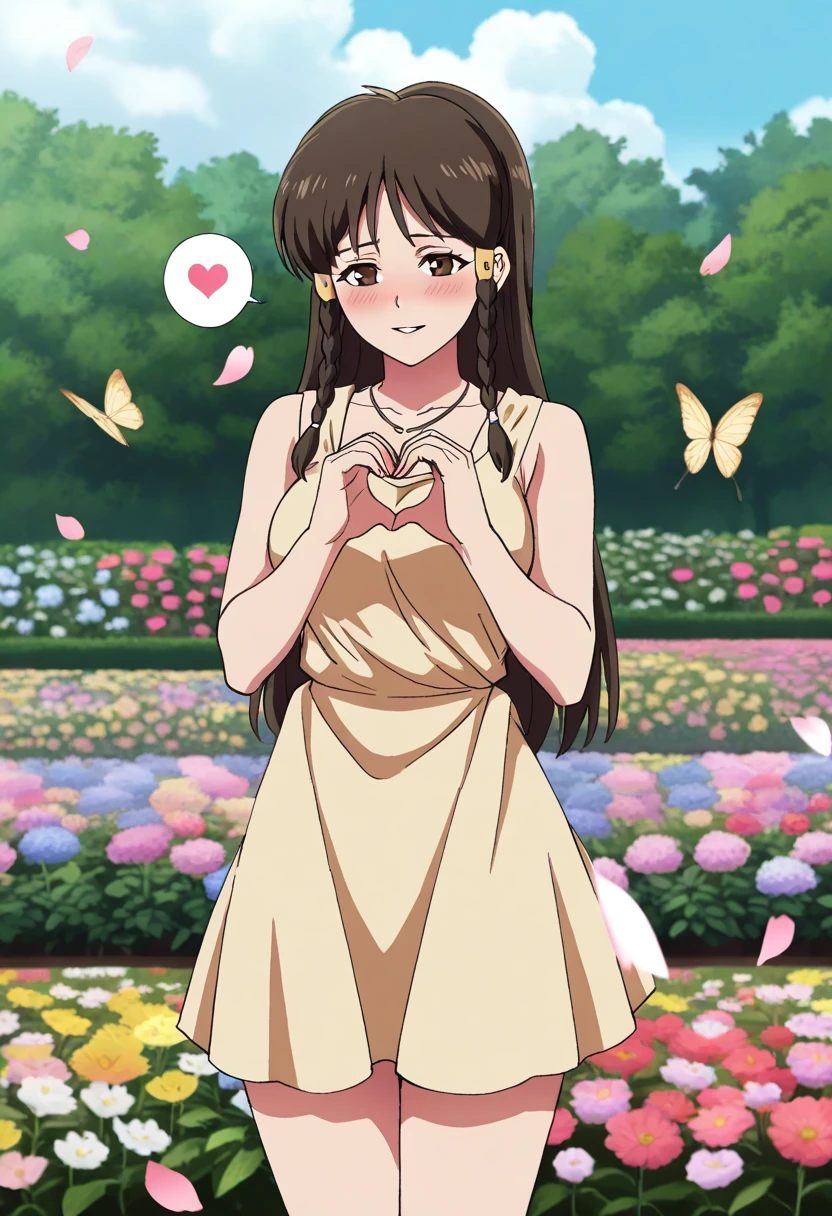 <lora:Soara:1>,
Soara, brown long hair, two braids, bangs, sidelocks, big brown eyes, necklace, yellow short dress,, (Nsfw), (Uncensored), (Score_9), (Score_8_Up), Score_7_Up, (Best quality, masterpiece, high quality, highres, absurdres, best quality, epic scene, highest quality, ultra detail, epic scene, natural textures), Source_Anime, Cowboy Shot, 1 woman, Happy, Smile, Parted Lips, Blush, Ashamed, Shy, Sexy, Charming, Alluring, Seductive, Enchanting, Erotic, ((spoken heart, hands heart, outdoors, flower garden, flowers, many flowers, spring petals, petals of flowers, spring, falling petals, flying butterflies)),