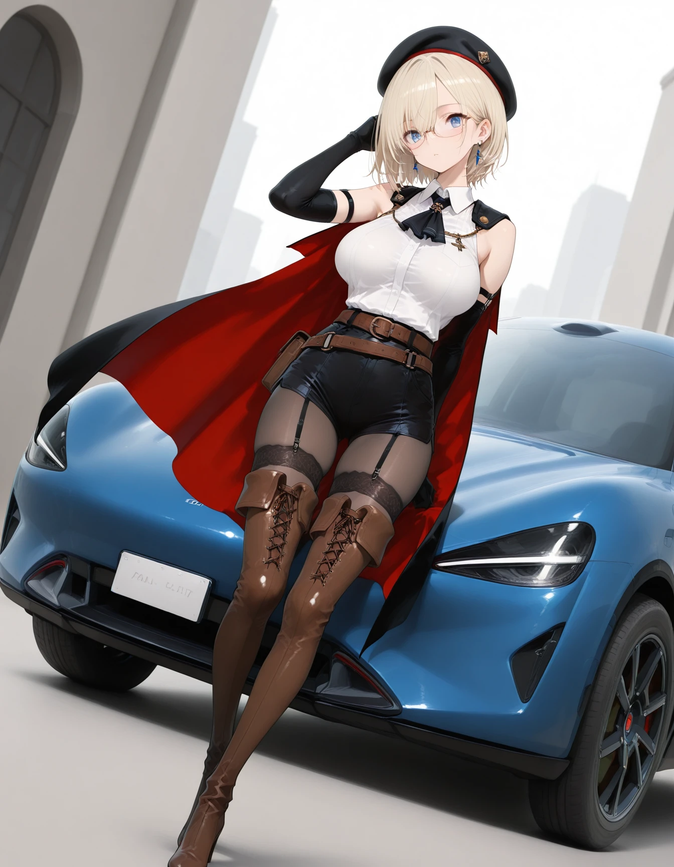 masterpiece,best quality,amazing quality,very aesthetic,high resolution,ultra detailed,perfect details,
<lora:mai_xiaomiyu7_car:1>,mai_xiaomiyu7_car,from front,dutch angle,1girl,standing,<lora:mai_lydia:1>,mai_lydia,short_hair,blonde_hair,blue_eyes,large_breasts,dangle_earrings,glasses,beret,black_headwear,bare_shoulders,sleeveless_shirt,collared_shirt,white_shirt,ascot,elbow_gloves,black_gloves,arm_strap,brown_belt,black_shorts,shoulder_armor,garter_straps,black_pantyhose,thigh_boots,high_heel_boots,cross-laced_footwear,brown_footwear,black_cape,red color inner cape,