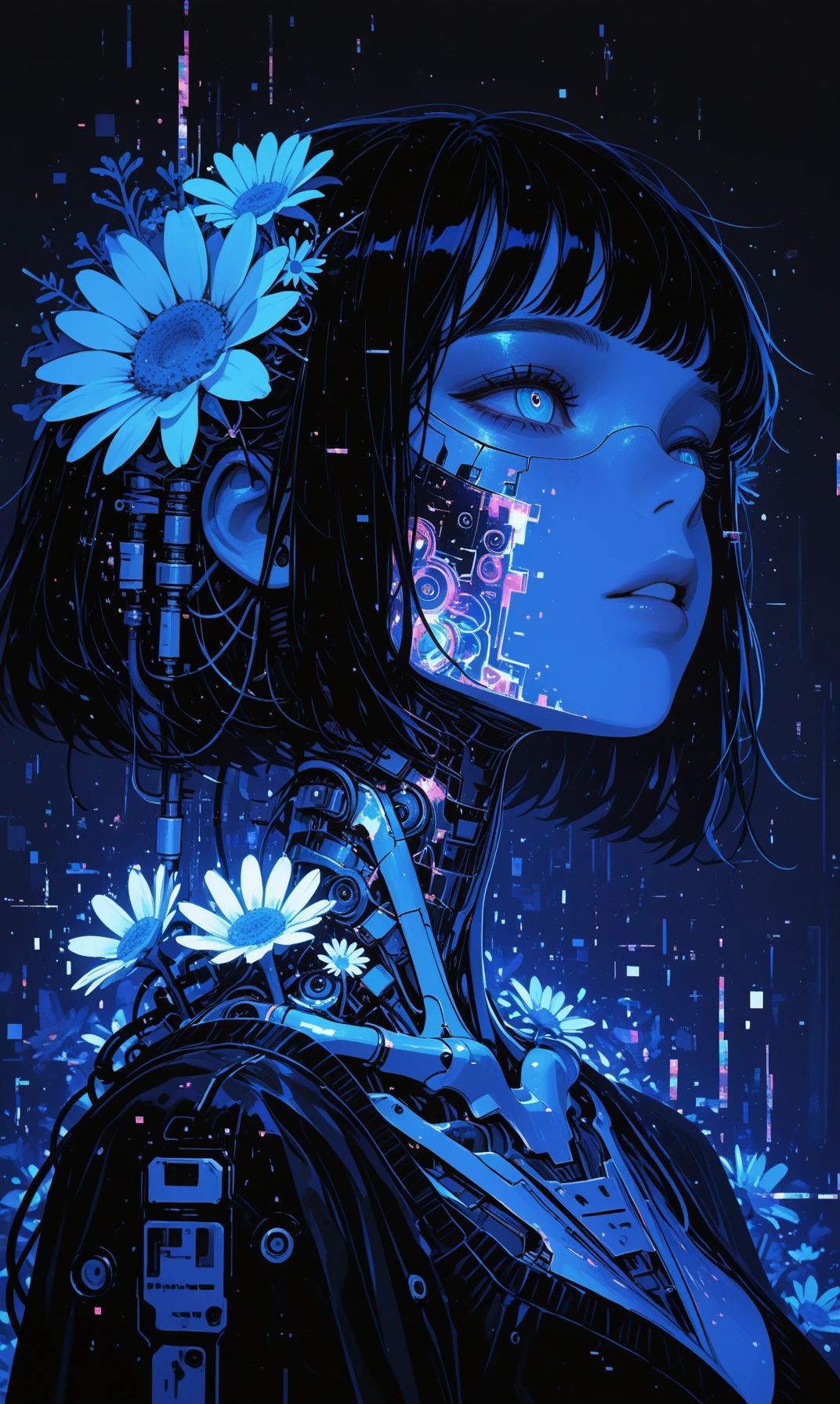 Gl9w, masterpiece, best quality, good quality, very awa, newest, highres, absurdres, 1girl, solo, short hair, blue eyes, black hair, hair ornament, flower, parted lips, teeth, hair flower, lips, portrait, robot, android, cable, cyborg, skeleton, damaged, bone, album cover, colorful, mechanical parts, abstract, glitch, cyberpunk, daisy, limited palette, sketch, glowing, psychedelic,