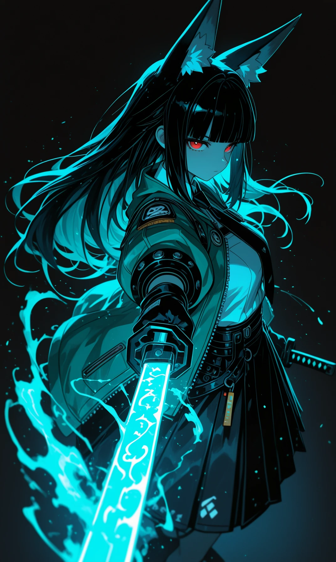 Gl9w, masterpiece, best quality, good quality, newest, highres, absurdres, hoshimi miyabi, zenless zone zero,
1girl, solo, lack, from above, from side, power, foreshortening, animal ear fluff, black gloves, black hair, black necktie, black skirt, blunt bangs, closed mouth, fox ears, fox girl, green jacket, high-waist skirt, holding sword, glowing katana, energy, long hair, red eyes, serious, sidelocks, white shirt, blue theme, black background, depth of field, cinematic,
perspective,looking at viewer, Ethereal Brushstroke,