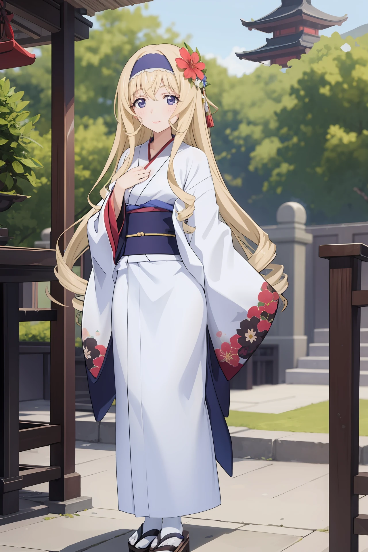 (best quality, masterpiece:1.2), <lora:Char-IS-Cecilia-V1-SD1.5:0.9:hr=0.6>, 1girl, cecilia alcott, blue hairband, solo, kimono, hair flower, obi, sash, tabi, zouri, standing, full body, hands on own chest, light smile, east asian architecture, outdoors, blurry background