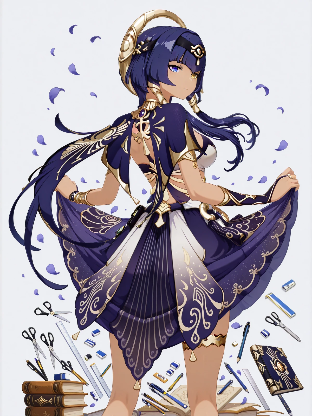 masterpiece, best quality, amazing quality,, <lora:genshin-candace-ingame-illustriousxl-lora-nochekaiser:1>, candace, candace (genshin impact), bangs, blue eyes, hair ornament, blue hair, yellow eyes, sidelocks, dark skin, dark-skinned female, heterochromia, short hair with long locks, eye of horus, mature female, breasts, 3d,, <lora:senjougaharahitagi-skirt-lift-pose-illustriousxl-lora-nochekaiser:1>, senjougaharahitagi skirt lift pose, solo, skirt, looking back, from behind, clothes lift, book, petals, skirt lift, skirt hold, pen, pencil, scissors, eraser, mechanical pencil, ruler, boxcutter, impossible storage,, , ,