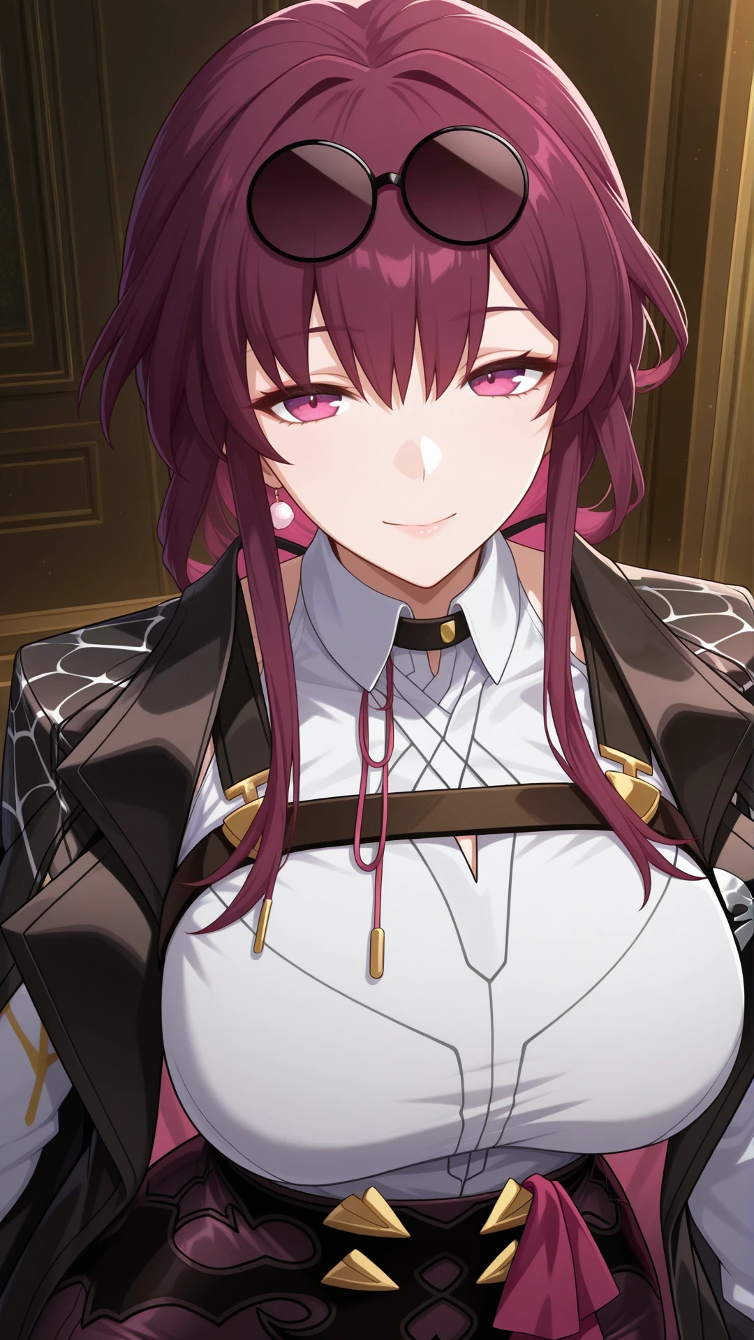 anime coloring, highres, anime screenshot, dramatic lighting, intricate details, masterpiece, best quality, absurdres, depth, looking at the viewer, <lora:Kafka_XL-20:0.9> Kafka_XL, sidelocks, eyewear on head, round eyewear, purple-tinted eyewear, 1girl, , ((huge )), ((curvy )), thick thighs, Kafka_XL, 1girl, solo, looking at viewer, smile, shirt, multiple girls, closed mouth, jewelry, jacket, white shirt, upper body, sidelocks, earrings, collared shirt, choker, indoors, black jacket, black choker, sunglasses, portrait, eyewear on head, black coat, round eyewear, purple-tinted eyewear, gloves