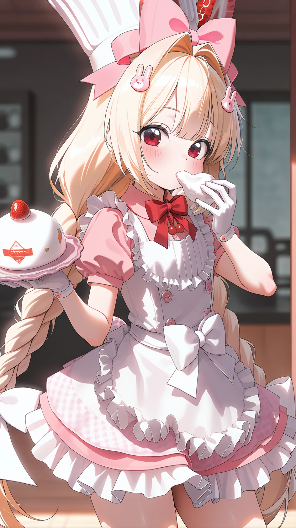 masterpiece, best quality, very high quality, ultra detailed, plain background, masterpiece, , blurred background, ray tracing, more details, masterpiece, best quality, ultra-detailed, 8k, hyper-detailed skin,
, very aesthetic, anime coloring, screencap, anime screencap, , looking at viewer,
<lora:crust-000040:0.8> , solo, long hair,r, blush , bangs, blonde hair, hair ornament, red eyes, gloves, hat, , dress, bow, animal ears, twintails, very long hair, braid, short sleeves,, hair bow, frills, puffy sleeves, white gloves, apron, red bow, twin braids, puffy short sleeves, , white headwear, frilled dress, , white bow, , pink dress, white apron, frilled apron, , food-themed hair ornament, rabbit hair ornament, chef hat, holding , eating,, masterpiece,best quality,amazing quality,