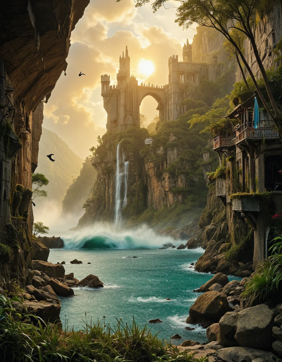 <lora:MW_Roma02flux:1>R03, powerful waterfall crashing through rocky cliffs, mystical coastal landscape, lush vegetation and jungle plants, dramatic ocean waves, golden hour lighting, enchanted woman with long red hair and green dress standing near the water, magical ambiance, soft mist and sea spray, epic fantasy scenery, ethereal atmosphere, high detail environment, cinematic wide shot, peaceful yet powerful setting, vibrant color contrast, mythic shoreline, rocks, clouds in the background on the sea, R02, majestic canyon with towering cliffs, misty lake, glowing sunset rays piercing through dramatic mountain peaks, ethereal mist rising from the water, lush green slopes, wild grass and moss-covered rocks, peaceful twilight atmosphere, soft golden light, enchanted valley, fantasy landscape, cinematic composition, highly detailed environment, magical nature scenery, epic scale, natural beauty, fairy tale lighting, mystical forest edges, rough waters reflecting golden sky, rough waves splashing on rocks, SP03, waves, medieval city built inside a vast canyon, towering stone cliffs, ancient stone bridges connecting medieval buildings across the canyon walls, narrow winding streets, gothic towers carved into the rock, flags fluttering in the wind, wooden balconies jutting from cliffside homes, waterfalls cascading down canyon walls, moss-covered bricks, sunbeams piercing through the canyon above, ambient golden light, deep shadows, smoke rising from chimneys, birds circling overhead, epic fantasy setting, cinematic perspective, highly detailed architecture, natural rock textures, magical ambiance, vast depth, warm color palette,