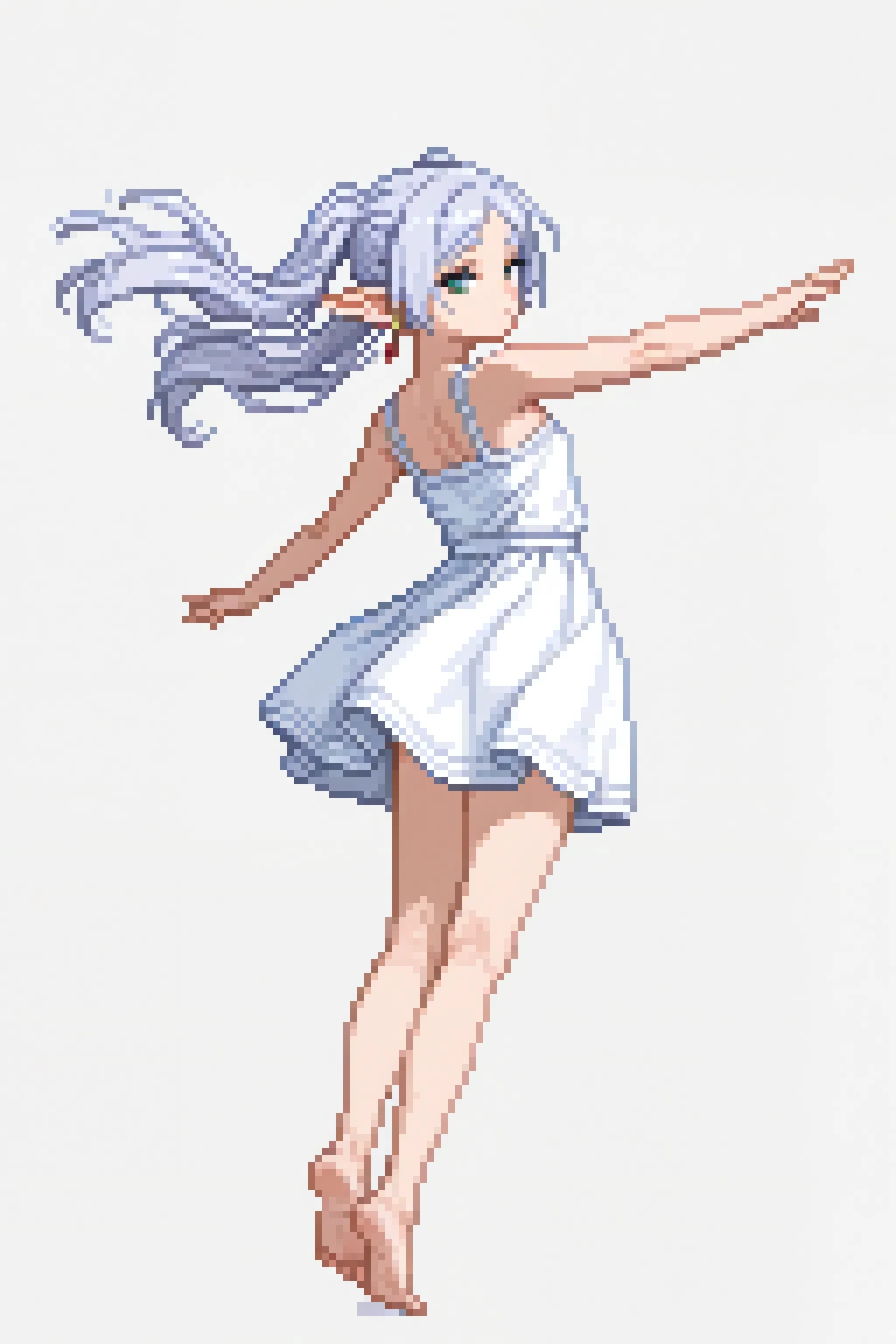 masterprice, pixpix, 8-bit, pixel_art, , frieren, 1girl, solo, long_hair, looking_at_viewer, simple_background, white_background, dress, jewelry, bare_shoulders, twintails, green_eyes, full_body, white_hair, grey_hair, earrings, sleeveless, barefoot, pointy_ears, looking_back, twitter_username, white_dress, feet, parted_bangs, legs, toes, bare_arms, sleeveless_dress, bare_legs, floating_hair, soles, outstretched_arms, elf, drop_earrings