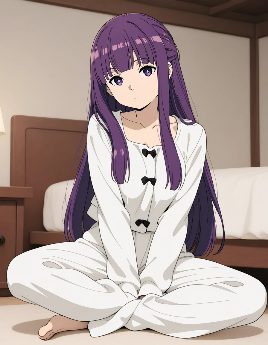 masterpiece,best quality,amazing quality,very aesthetic,high resolution,ultra detailed,perfect details,anime coloring,collarbone, 
bedroom, 
1girl,dynamic pose,<lora:mai_white_jacket:1>,mai_white_jacket,black_bow,white_pants,baggy_pants,barefoot,
sousou_no_frieren,fern (sousou no frieren),sousou no frieren,