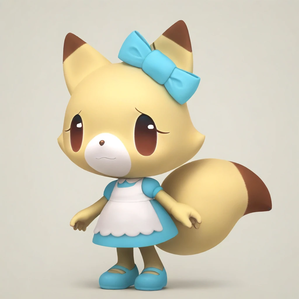 1girl, (anthro, furry, furry female) clarafox, fox, (yellow skin, yellow fur, bodyfur), yellow fox ears, brown eartips, white fox snout, dark brown nose, big eyes, dot eyes, brown eyes, light blue and white collared apron dress, white peter pan collar, light blue puffy short sleeves, white long apron, light blue bow, hair_ribbon, ear ornament, ribbon tied around ear, light blue mary janes shoes
