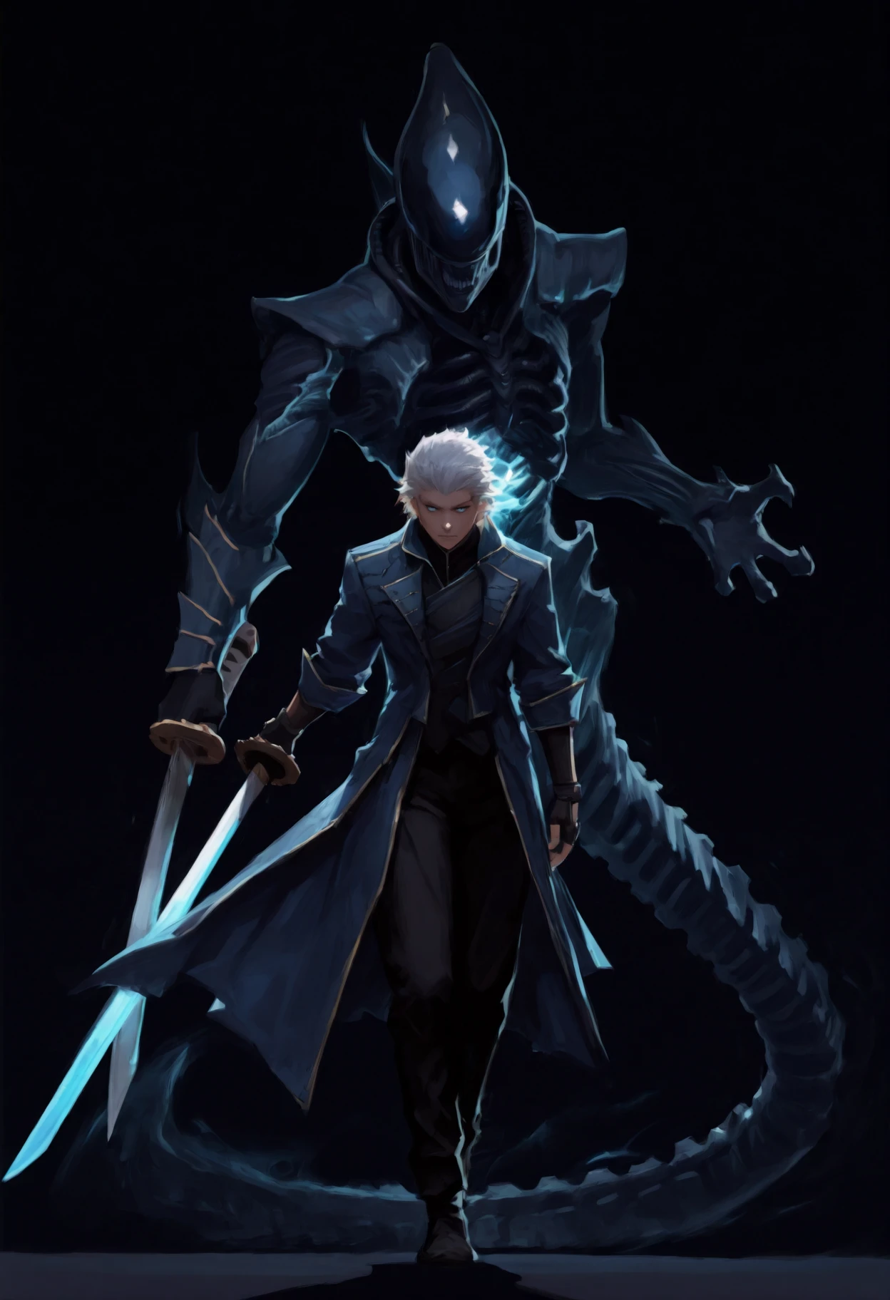 masterpiece, best quality, absurdres, painterly, simple background, black background, 1boy, 1other, full body,  <lora:Summon:1>
1boy, vergil \(devil may cry\), white hair, short hair, hair slicked back, blue eyes, blue coat, fingerless gloves, black gloves, black pants, closed mouth, serious, fighting stance, holding weapon, yamato \(sword\), 
1other, aura, alien, xenomorph, arms at sides, outstretched arms