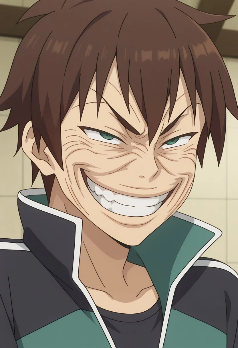 (((ultra detailed, masterpiece, high quality, )))
,
((( grinning face, exaggerated smile, wrinkled expression, meme face, )))
,
((( 1boy, solo )))
,
((( Kazuma-Liver020, 1man, 1 man, solo, brown hair, short hair, green eyes, focus male, black sleeves, black shirt, chandal, green pants, pockets, jacket, track jacket, track suit, track pants, green pants, sportswear, green sportswear, outfit_2 )))
,
((( )))
,
((( )))
,
((( )))
,
((( )))