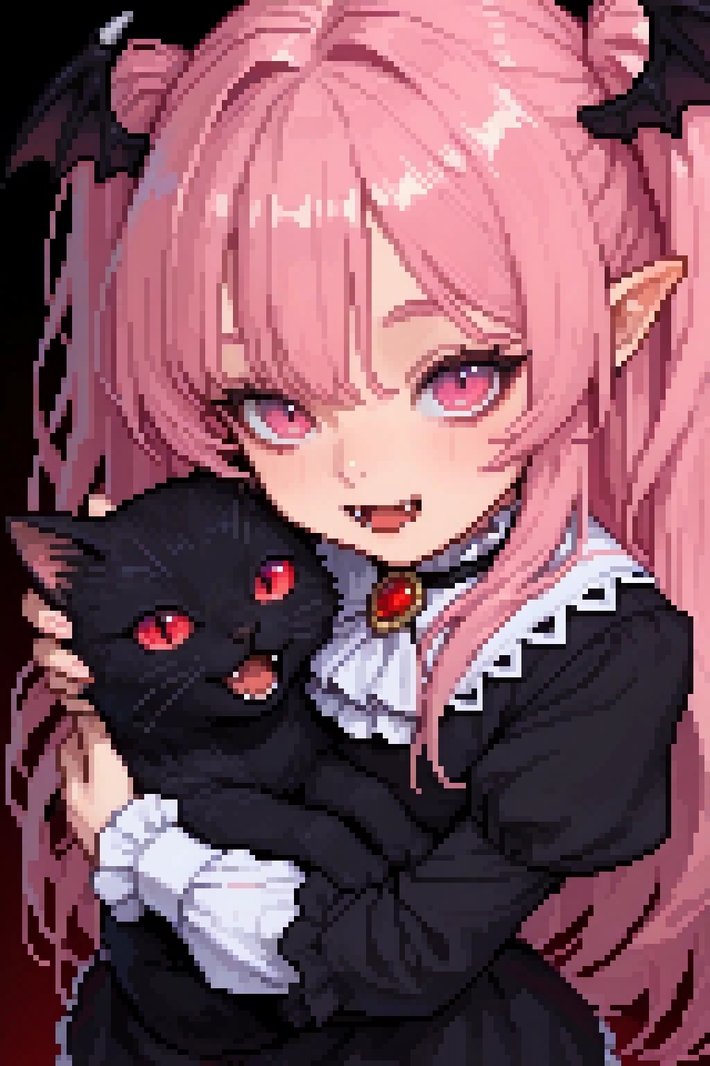 pixpix, 8-bit, pixel_art, no_lineart, close-up, , masterpiece,best quality,amazing quality, 1girl, fangs, long hair, dress, pink hair, open mouth, black dress, holding, animal, looking at viewer, pink eyes, solo, pointy ears, cat, two side up, bangs, long sleeves, holding animal, very long hair, ascot, head wings, jewelry, black background, black cat, white ascot, holding cat, vampire, brooch,, fisheye,
