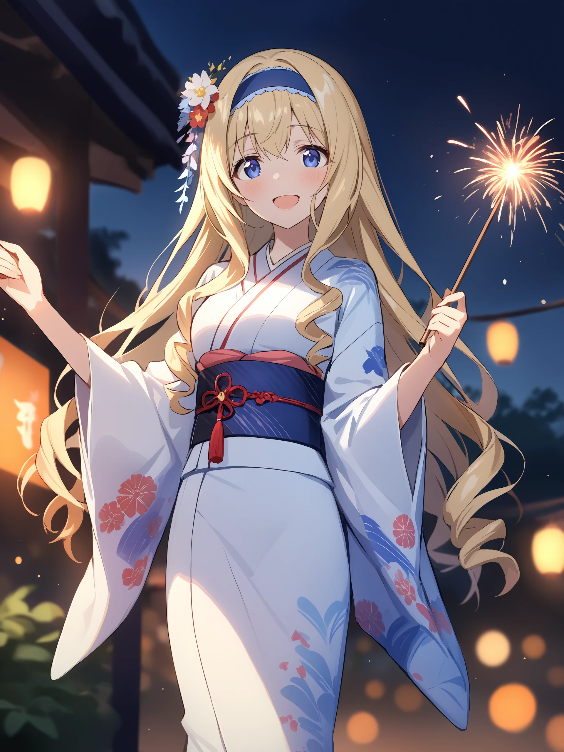illustration, incredibly absurdres, ultra detailed, masterpiece, best quality, perfect features, intricate details, ray tracing, very aesthetic, (ask \(askzy\), hiten \(hitenkei\):0.6), <lora:Char-IS-Cecilia-V1-SDXL:0.9:hr=0.6> 1girl, cecilia alcott, blue hairband, solo, kimono, hair flower, obi, sash, tabi, standing, cowboy shot, holding fireworks, smile, open mouth, night, outdoors, blurry background