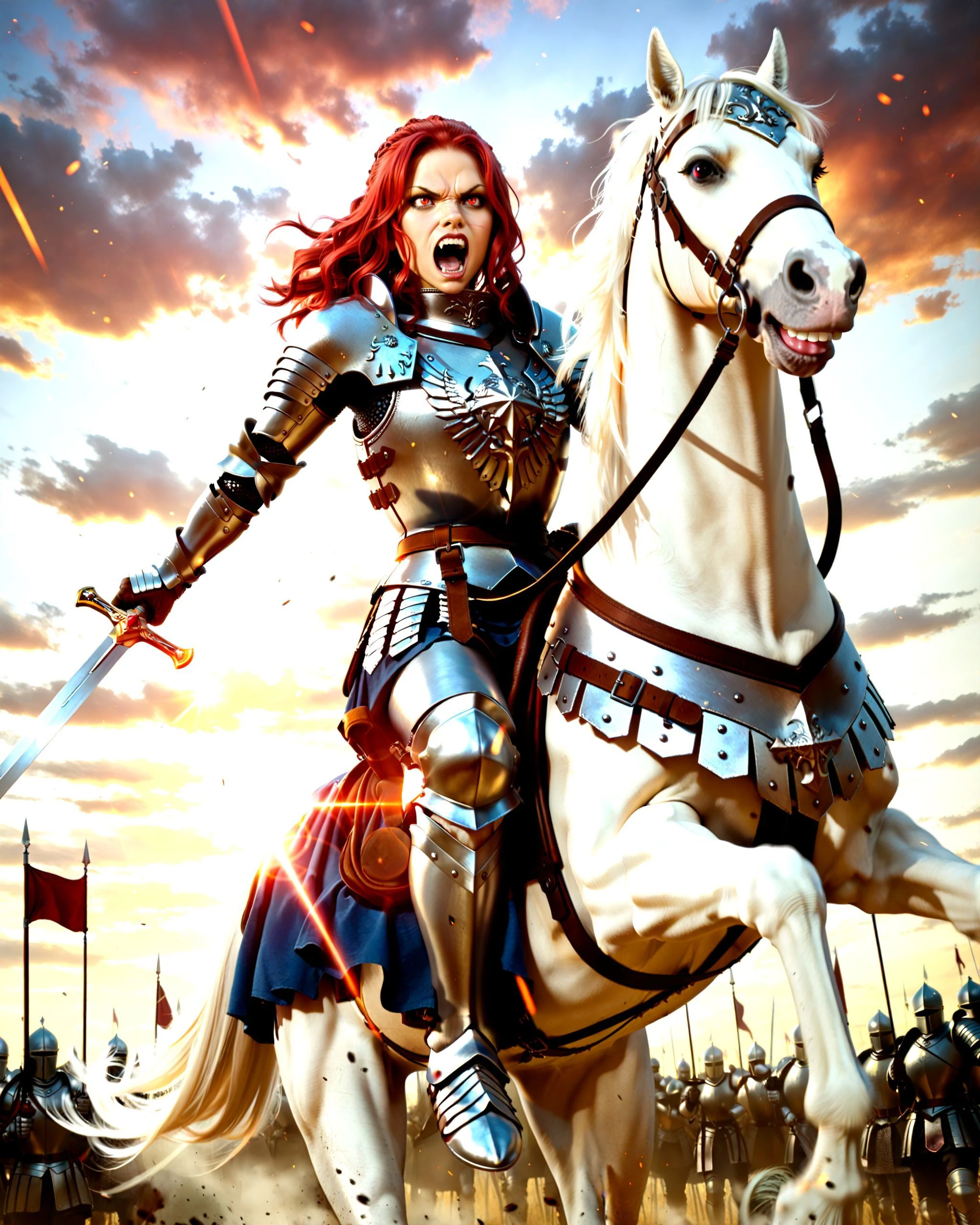 Pina_Colada, red hair, red eyes, 1girl, solo, full plate armor, ornate armor, holding a sword,
riding a white horse, horse rearing, leading a cavalry charge,
fierce, determined, battle cry, shouting,
dynamic angle, motion blur, dust particles, sun glare,
open battlefield, army in the background, cloudy sky, sunset,
score_9, score_8_up, dynamic, epic, cinematic lighting
 <lora:Pina_Co_Lada_Pony:1>