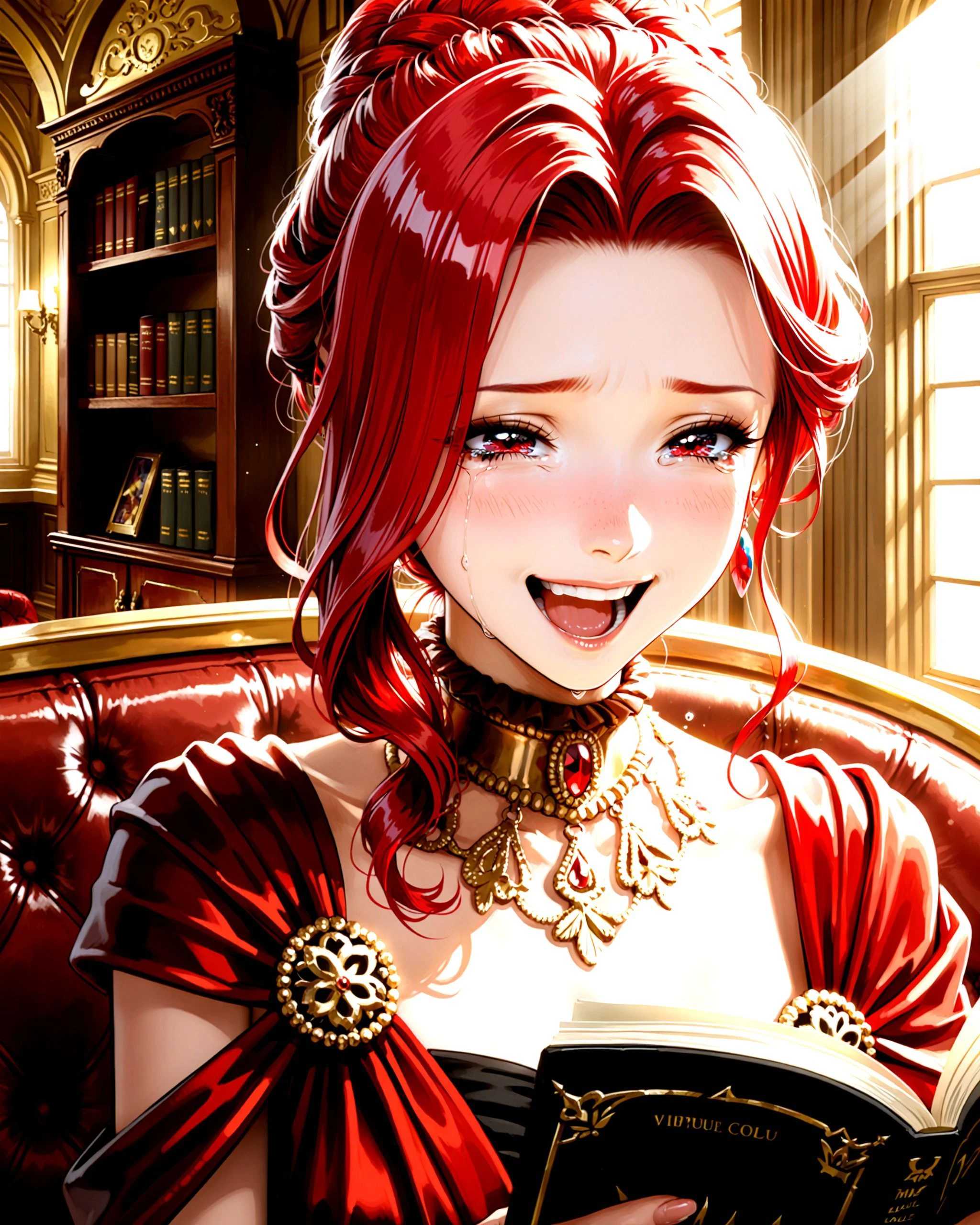 Pina_Colada, red hair, red eyes, 1girl, solo, in casual royal dress,
sitting on a luxurious sofa, reading manga, laughing out loud
joyful, laughing, wide smile, tears of laughter,
warm lighting, soft focus, candid shot, close-up,
opulent palace interior, large windows with sunlight streaming in, bookshelves,
score_9, score_8_up, illustration, vibrant colors, expressive
 <lora:Pina_Co_Lada_Pony:1>