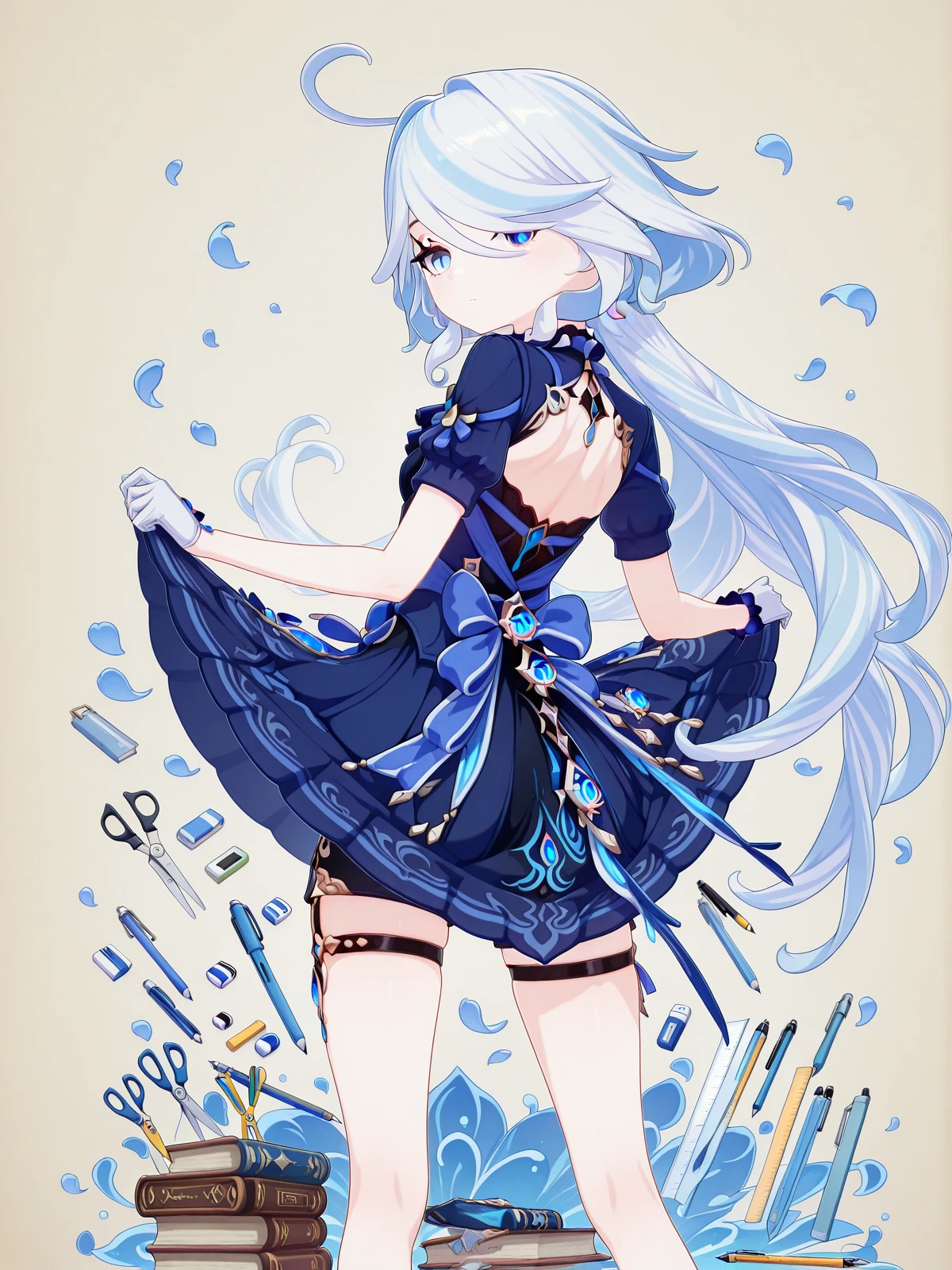masterpiece, best quality, amazing quality,, <lora:genshin-furina-ingame-illustriousxl-lora-nochekaiser:1>, furina, furina (genshin impact), blue eyes, blue hair, cowlick, ahoge, hair over one eye, light blue hair, short hair, mature female, small breasts, 3d,, <lora:senjougaharahitagi-skirt-lift-pose-illustriousxl-lora-nochekaiser:1>, senjougaharahitagi skirt lift pose, solo, skirt, looking back, from behind, clothes lift, book, petals, skirt lift, skirt hold, pen, pencil, scissors, eraser, mechanical pencil, ruler, boxcutter, impossible storage,, , ,