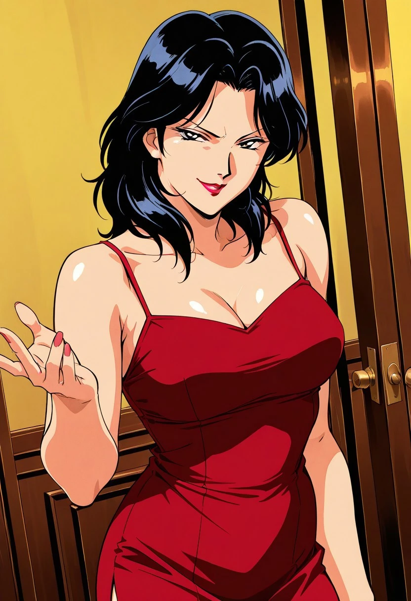 general,highres, ultra-detailed,very aesthetic,best quality ,best hands,
BREAK, 1girl,solo, medium hair, black hair, lipstick, breasts, 1990s \(style\),anime coloring,
BREAK,
Dutch angle, dress, smirk, lipstick, mature face, eyes open, looking at viewer, speaking
