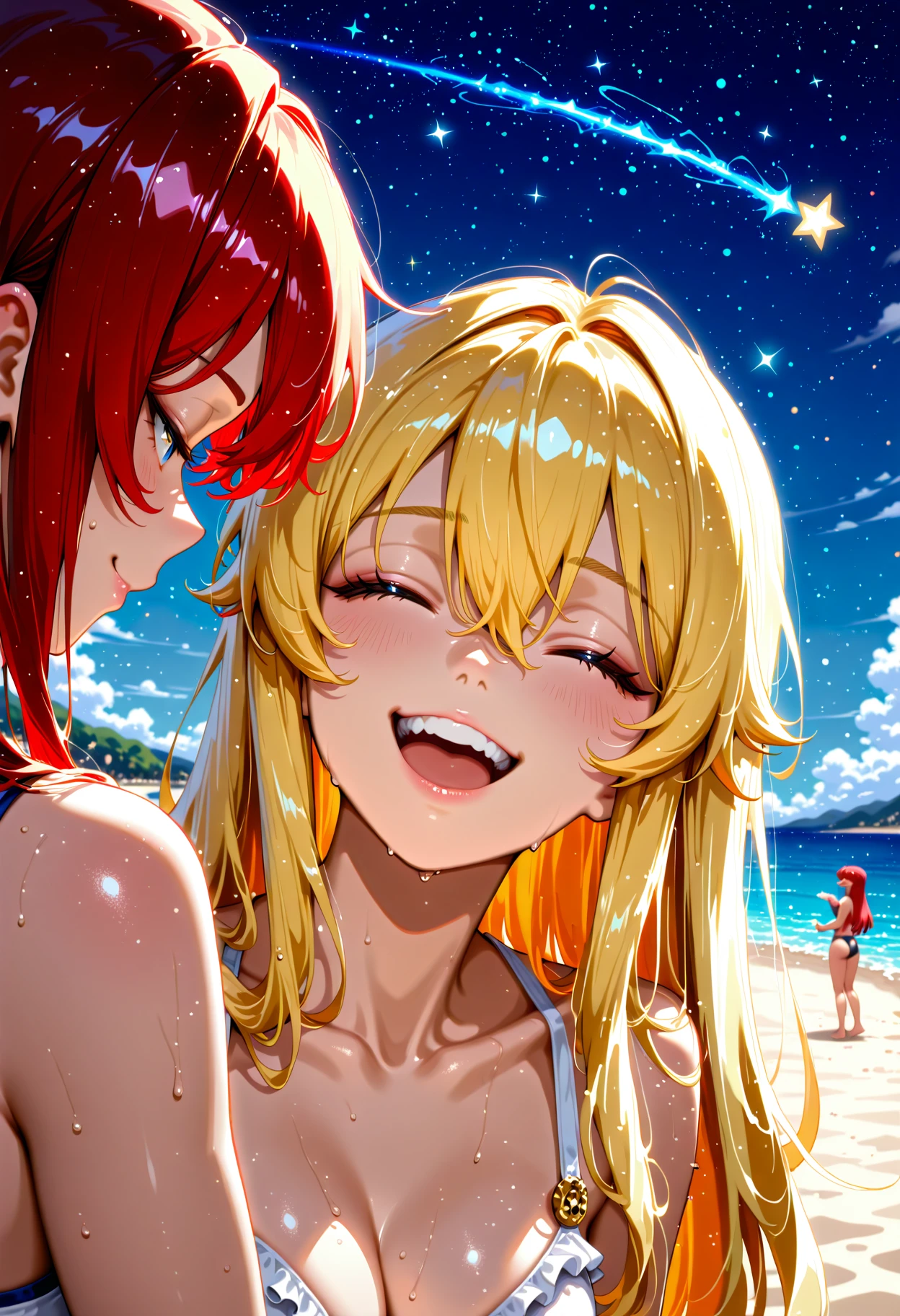 newtraumacore, masterpiece, best quality, 2girls, blonde hair, red hair, stupid, funny situation, oops, laughing, chaos, fight,, intricate details, Golden ratio, landscape of a (Vancouver:1.2) , Flowery and Organic, beach, Stars in the sky, Indirect light, Depth of field 270mm, elaborate