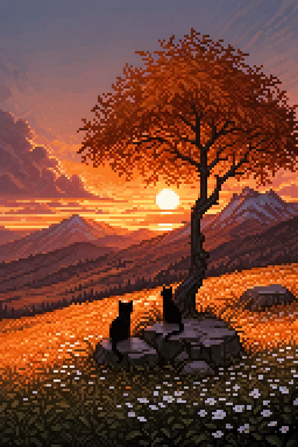 masterprice, pixpix, 8-bit, pixel_art, , 1girl, solo, long_hair, black_hair, dress, sitting, ponytail, flower, short_sleeves, outdoors, sky, cloud, from_behind, tree, animal, leaf, white_flower, cat, grass, cloudy_sky, plant, scenery, sunset, rock, horizon, sun, facing_away, wide_shot, black_cat, mountainous_horizon, twilight, evening, falling_leaves, landscape, gradient_sky, orange_sky, dusk, orange_theme, under_tree