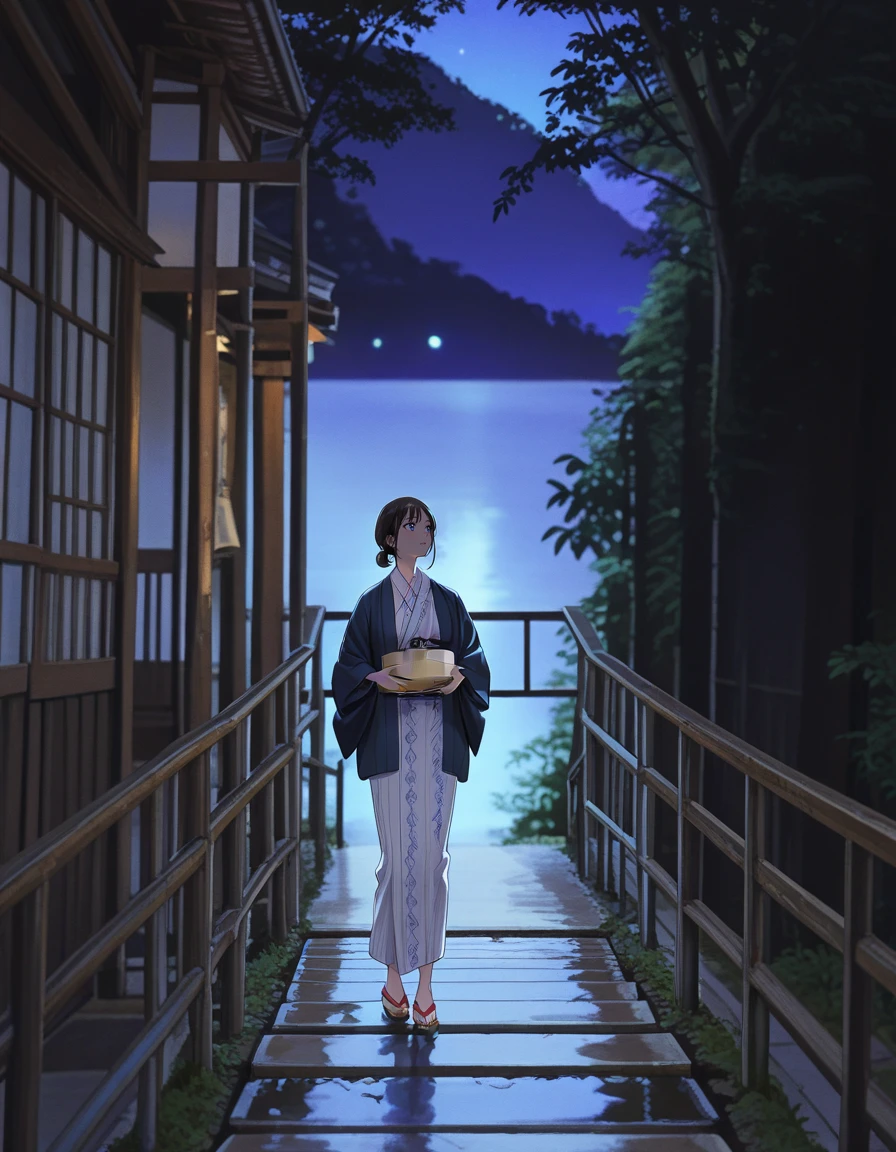 score_7_up, anime BREAK official art, 
<lora:noyu:1>, noyu, 
1girl, solo, 
night, stairs, tree, solo, 1girl, scenery, outdoors, sky, haori, jacket, yukata, railing, holding, wooden washbowl, 
(masterpiece:1.3), best quality, high resolution, unity 8k wallpaper, extremely detailed CG, 8K, (watercolor \(medium\), muted color, sketch:1.1), perfect anatomy, highly finished, masterpiece, best quality, high quality, amazing quality, great quality, very aesthetic, ultra detailed, highres, absurdres, highly detailed, highly detailed background,