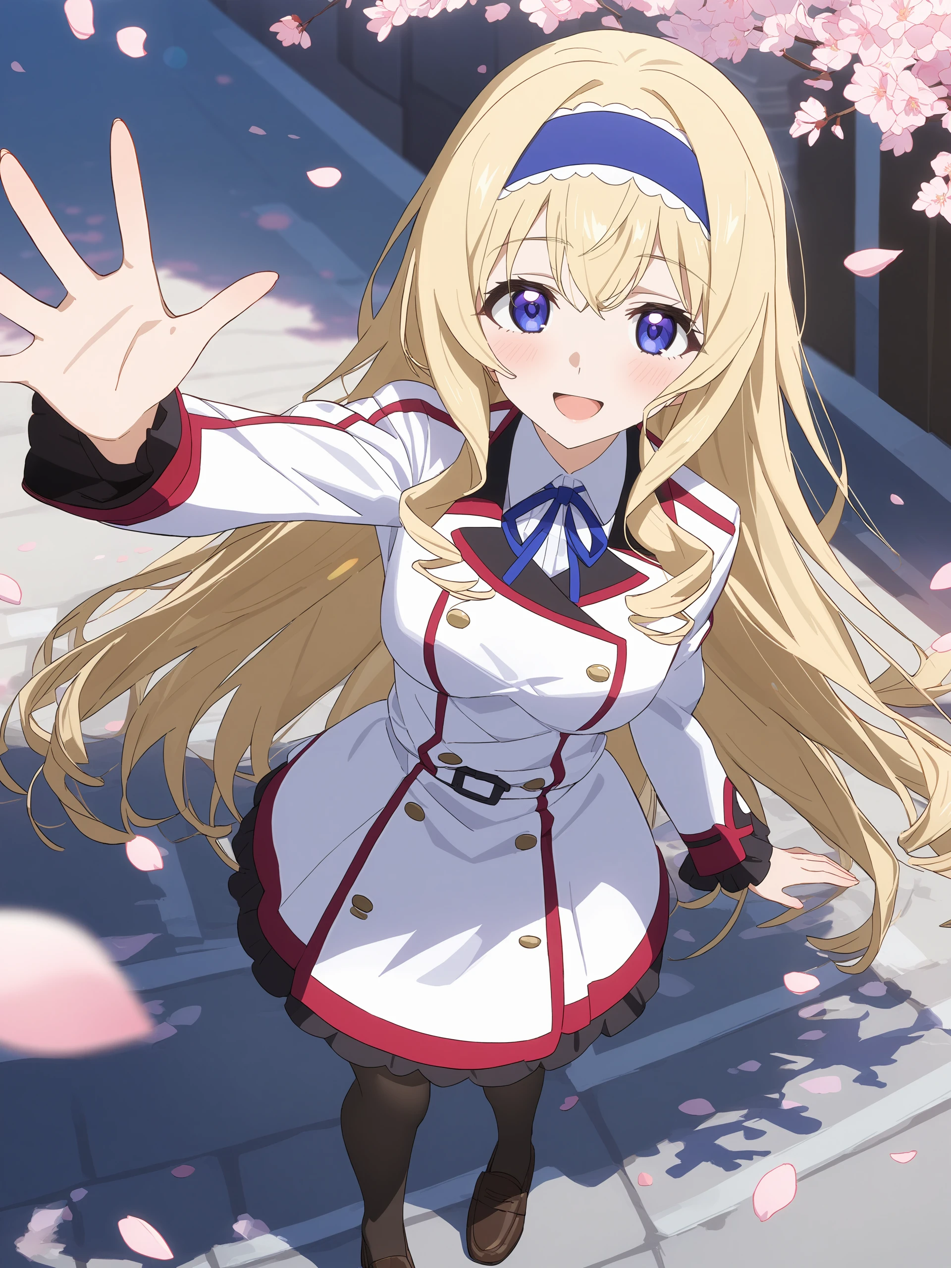 anime screenshot, anime coloring, incredibly absurdres, ultra detailed, masterpiece, best quality, perfect features, intricate details, ray tracing, very aesthetic, <lora:Char-IS-Cecilia-V1-SDXL:0.9:hr=0.6>, 1girl, cecilia alcott, blue hairband, solo, blue neck ribbon, infinite stratos academy school uniform, black pantyhose, loafers, waving, looking at viewer, smile, open mouth, standing, full body, outdoors, street, cherry blossoms, petals, depth of field