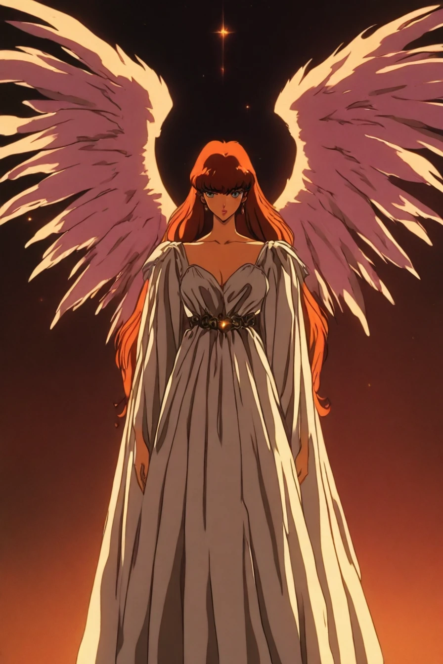 1girl, solo, alone, angel, wings, looking at the viewer, <lora:retro_dark_anime_aesthetic-000021:1>, retro_dark_anime_aesthetic, retro, retro artstyle, masterpiece, highres