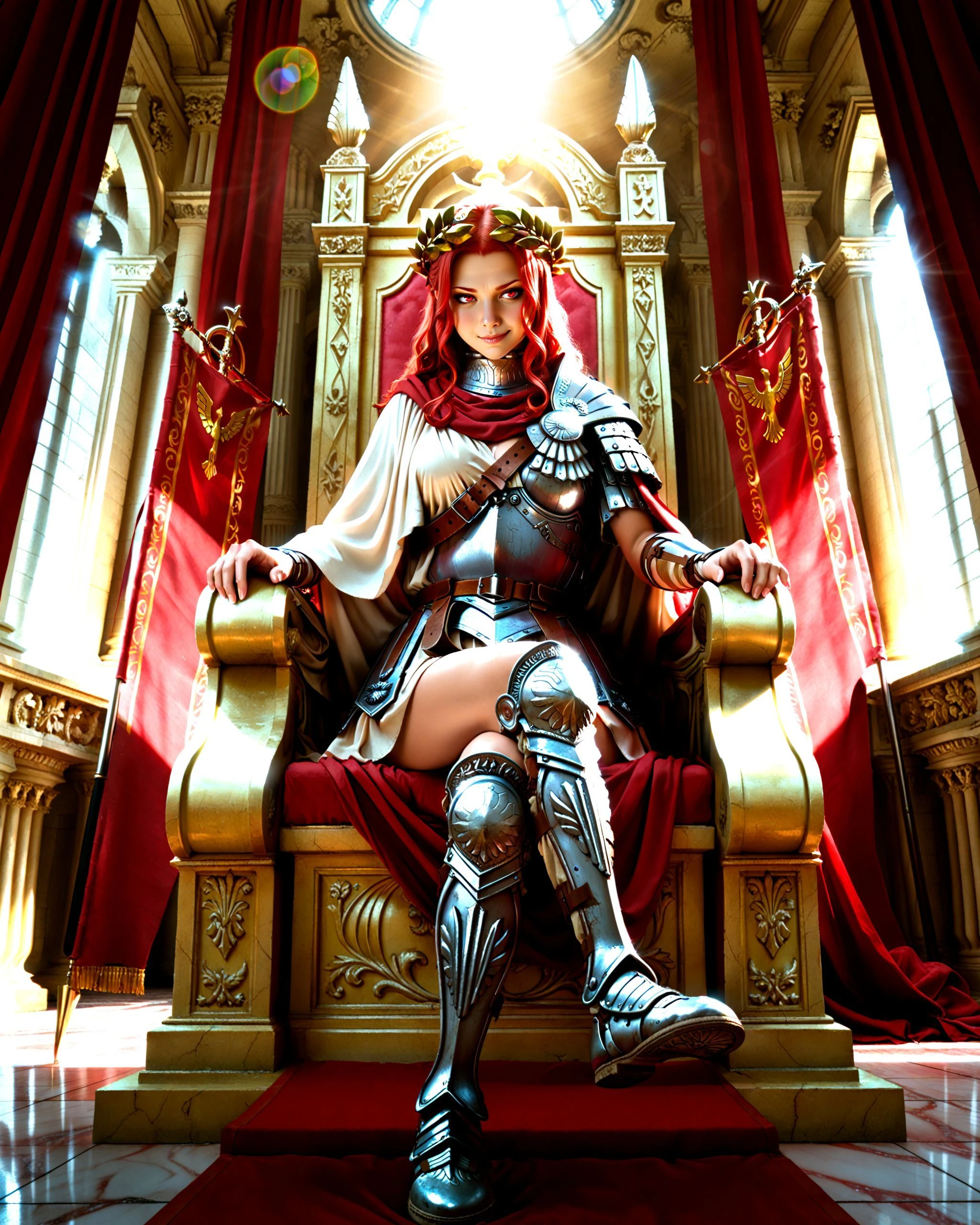 Pina_Colada, red hair, red eyes, 1girl, solo, toga, roman armor, laurel wreath,
sitting on a marble throne, regal pose, looking down at viewer,
imperious, confident, slight smirk,
from below, wide angle, dramatic lighting, god rays, lens flare,
grand roman throne room, marble columns, red banners, mosaic floor,
score_9, score_8_up, cinematic, detailed background, masterpiece 
 <lora:Pina_Co_Lada_Pony:1>