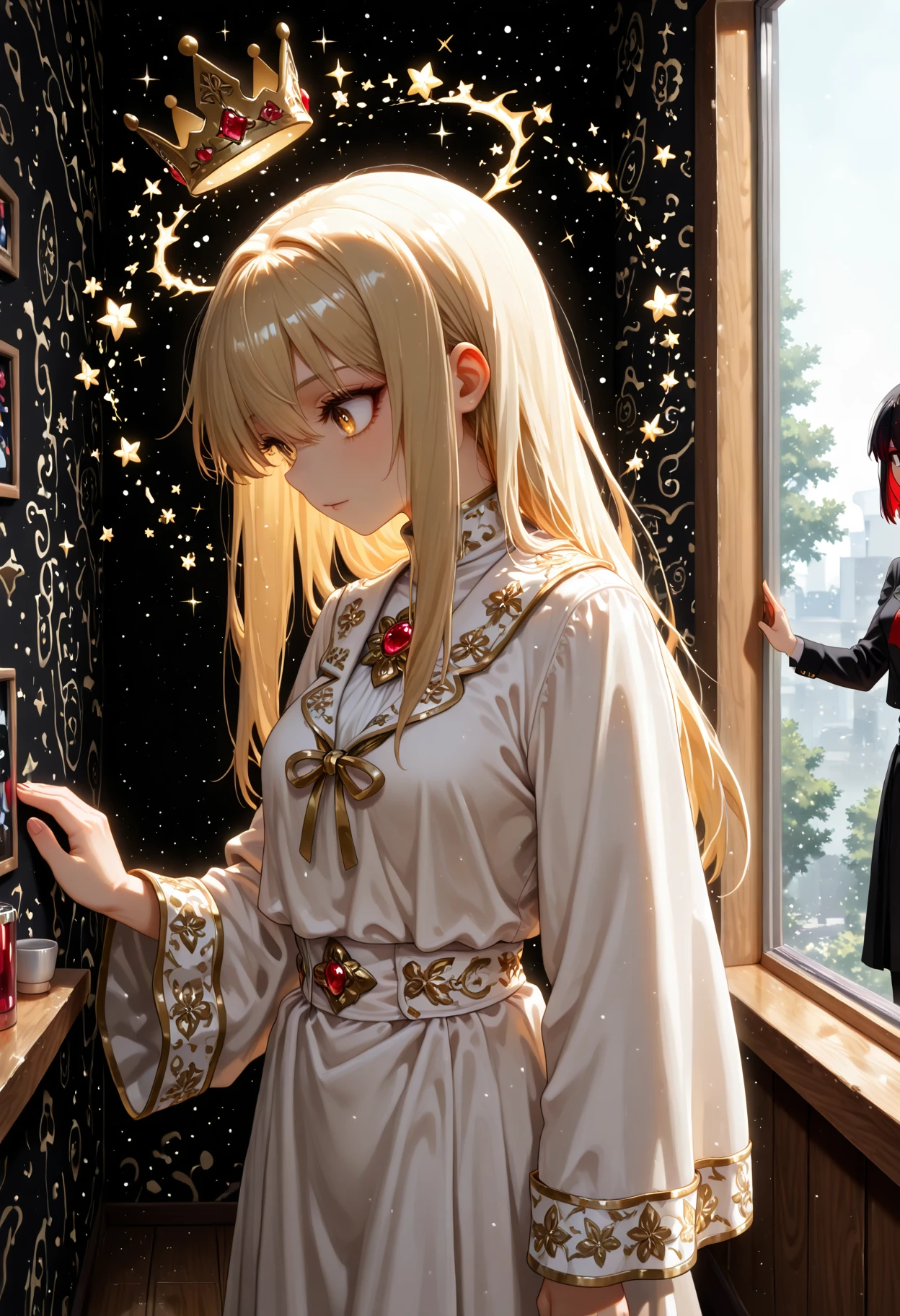 newtraumacore, masterpiece, best quality, 2girls, blonde hair, red hair, stupid, funny situation, oops, laughing, chaos, fight,  ink-lined outline, hair painted in loose flowing brushstrokes, silky robe defined by golden inlays, soft shimmering highlight on lips and neckline, slightly abstracted facial features, [hand-painted mediterranean balcony with expressive linework, flowers in gilded accents, sun rendered in soft gold texture, (gold edge glow:1.3), (handmade brush texture:1.0), (bleeding watercolor shadows:0.8)], from side angle, paper-textured background, high-contrast organic lines with ethereal softness, star, glass, wall, transparent, dark sky, creature, large, monochrome, (ghost trail effect:0.7), close-up::1, black and white, (void shimmer:1.0), (ink bleed effect:1.2), (architectural silence:0.8),, romanticism art by William Holman Hunt, side-profile of a Vibrant 49 y.o. (Female Homunculus:1.1) , Geek, she is dressed in her Glitch Art fashion style Coat, Ghastly Heart-Shaped Eyes, tilt shift, Pre-Raphaelite painting, religious symbolism, vivid colors, intense emotion, landscape of a Crater Lake National Park, it is Unappealing, Raining, designed by Zhichao Cai, Gerd Arntz, flora and fauna, compelling, subdued color palette, integration with nature, dramatic storytelling, Dutch modernism, digital art, organic, feeling