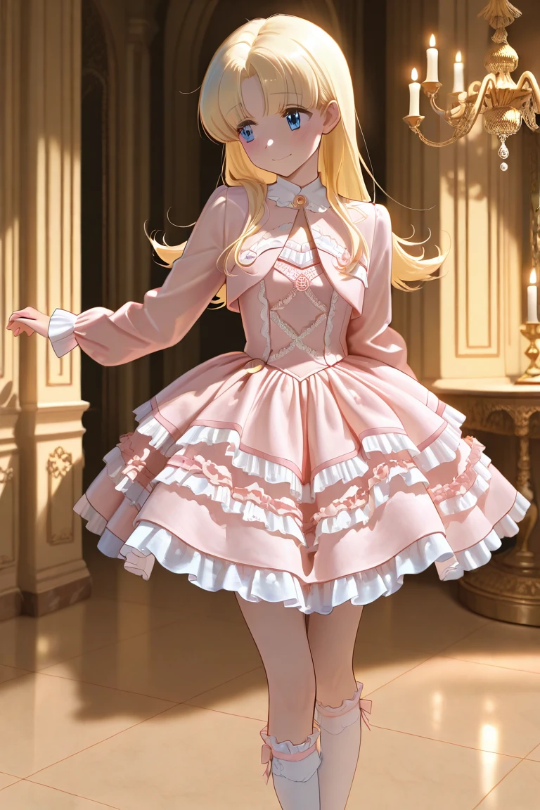 1girl, <lora:SWdress_illustrious:0.7>,SWdress, cropped_jacket, long sleeves, lace trim, frills, layered skirt, puffy dress, cross-laced dress, buttons,waist_ribbon,pink dress,frilled dress,white socks, frilled socks, kneehighs,ribbon footwear,mary janes,grand ballroom, chandelier, golden decorations, polished floor, candlelight, elegant atmosphere, shy smile, slight blush, looking away,  <lora:NADJA_Illustrious:1>,nadja,blue eyes, blonde hair, long hair, flipped hair, parted bangs,dancing, masterpiece, best quality, amazing quality, newest,detailed face, beautiful eye
