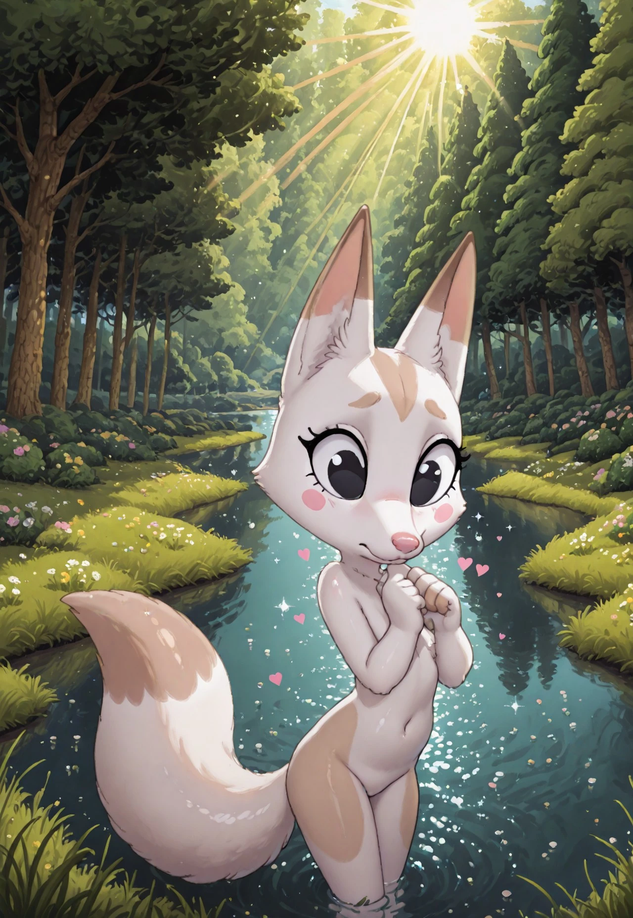 (cutecore, kawaiicore) 1girl, (anthro, furry, furry female) kon, fox, (white skin, white fur, bodyfur) white fox ears, light brown eartips, white fox snout, pink nose, white fox tail, light brown tailtip, hair_curl, big eyes, black eyes, blush stickers, ((detailed scenery, detailed background)), outside, afternoon, verdant park, marsh, (verdant greenery, trees, lush bushes, grass, grassy lawn, wildflowers, water, lake, sunlight, sun rays, hearts, sparkles, glitter)