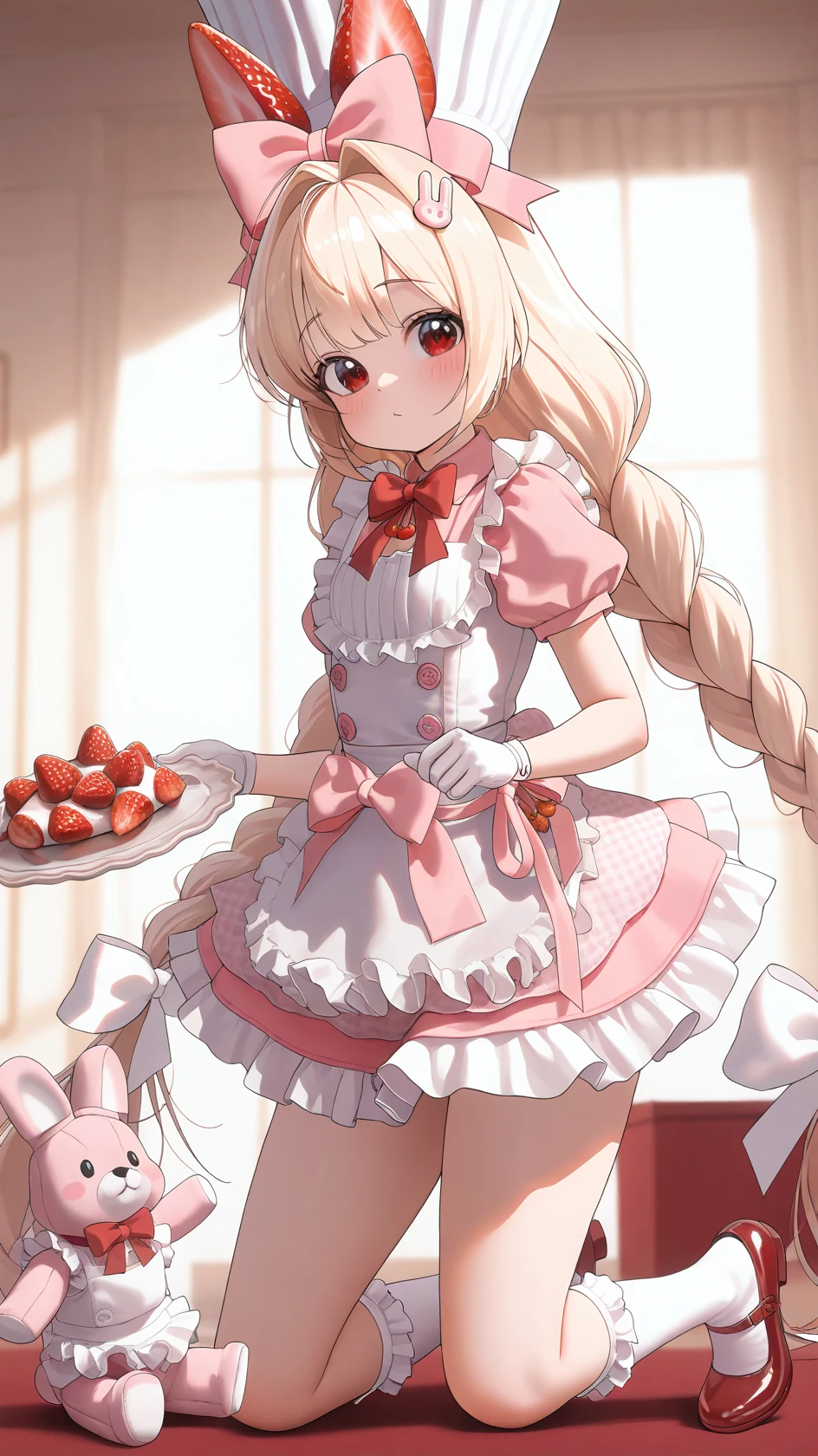 masterpiece, best quality, very high quality, ultra detailed, masterpiece, , ,
anime style, masterpiece, best quality, ultra-detailed, 8k resolution, high dynamic range, absurdres, stunningly beautiful, intricate details, sharp focus, detailed eyes, cinematic color grading, high-resolution texture, dynamic lighting, 8k, golden hour, volumetric light, dim atmosphere,
<lora:crust-000040:0.8> , solo, long hair, looking at viewer, blush , bangs, blonde hair, hair ornament, red eyes, gloves, hat, , dress, bow, animal ears, twintails, very long hair, braid, short sleeves,, hair bow, frills, food, shoes, socks, puffy sleeves, white gloves, rabbit ears, apron, red bow, twin braids, puffy short sleeves, kneehighs, fruit, white headwear, stuffed toy, frilled dress, stuffed animal, white bow, white socks, red footwear, pink dress, white apron, frilled apron, strawberry, food-themed hair ornament, rabbit hair ornament,, chef hat, frilled socks,
pose,, masterpiece,best quality,amazing quality,