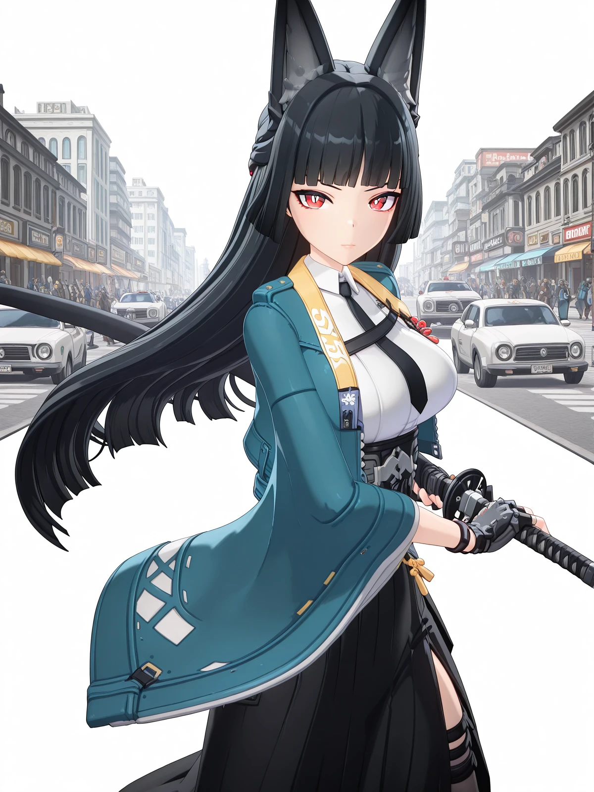 masterpiece, best quality, amazing quality,, <lora:zzz-miyabi-hoshimi-ingame-illustriousxl-lora-nochekaiser:1>, miyabi hoshimi, hoshimi miyabi, animal ear fluff, animal ears, black hair, bright pupils, fox ears, fox girl, half updo, long hair, red eyes, sidelocks, white pupils, mature female, large breasts, 3d, asymmetrical gloves, black gloves, black necktie, black skirt, blue jacket, collared shirt, fingerless gloves, gloves, high-waist skirt, jacket, long skirt, necktie, shirt, side slit, single fingerless glove, skirt, white shirt, wide sleeves,, <lora:battoujutsu-stance-illustriousxl-lora-nochekaiser:1>, battoujutsu stance, looking at viewer, holding, weapon, sword, holding weapon, holding sword, standing, katana, sheath, sheathed, fighting stance, ready to draw, city, buildings, streets, cars, people, cowboy shot, solo, looking at viewer, <lora:transparent-background-illustriousxl-lora-nochekaiser:1>, transparent background, simple background, white background
