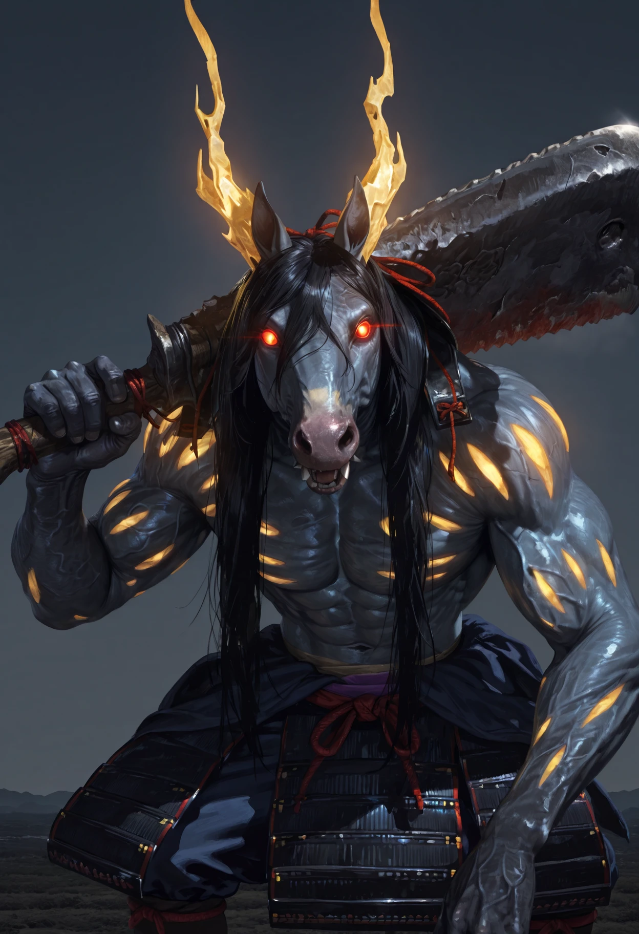 masterpiece, best quality, perfect quality, absurdres, newest, very aesthetic, very awa, 1boy, MezukiNIOH, horse, furry male, undead, demon, long black hair, anthro, grey skin, yellow body pattern, golden horns, no humans, solo, fangs, glowing red eyes, muscular, Japanese armor, giant cleaver, dynamic, (glowing demonic aura), weapon over shoulder, skyward, sky <lora:Mezuki_-_Nioh_2:.8>