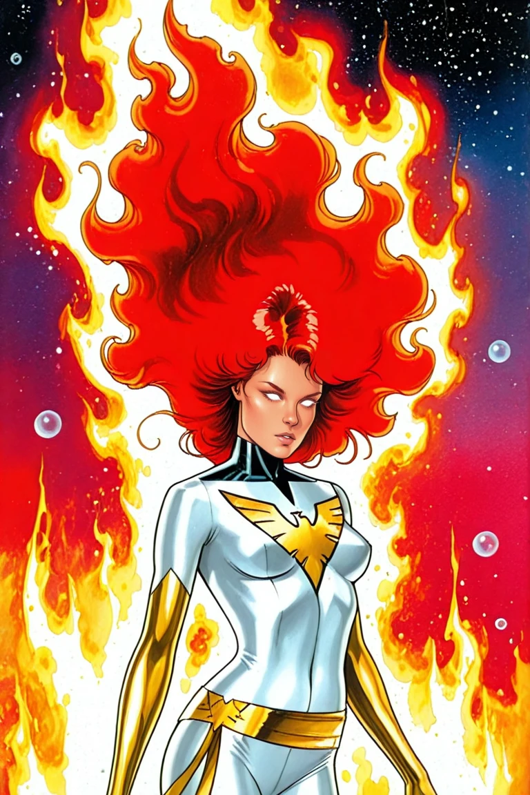 WhitePhoenix,1girl, solo, , white eyes, no pupils, long hair, elbow gloves, floating hair, blank eyes, , gloves, red hair, lips, , bubble, air bubbleretro artstyle, traditional media, 1980s \(style\),  white , 1970s \(style\), lips, long hair, star \(sky\), fiery hair, science fiction,  fantasy, aura, magic, fire, galaxy, white eyes, , superhero, western comics \(style\)