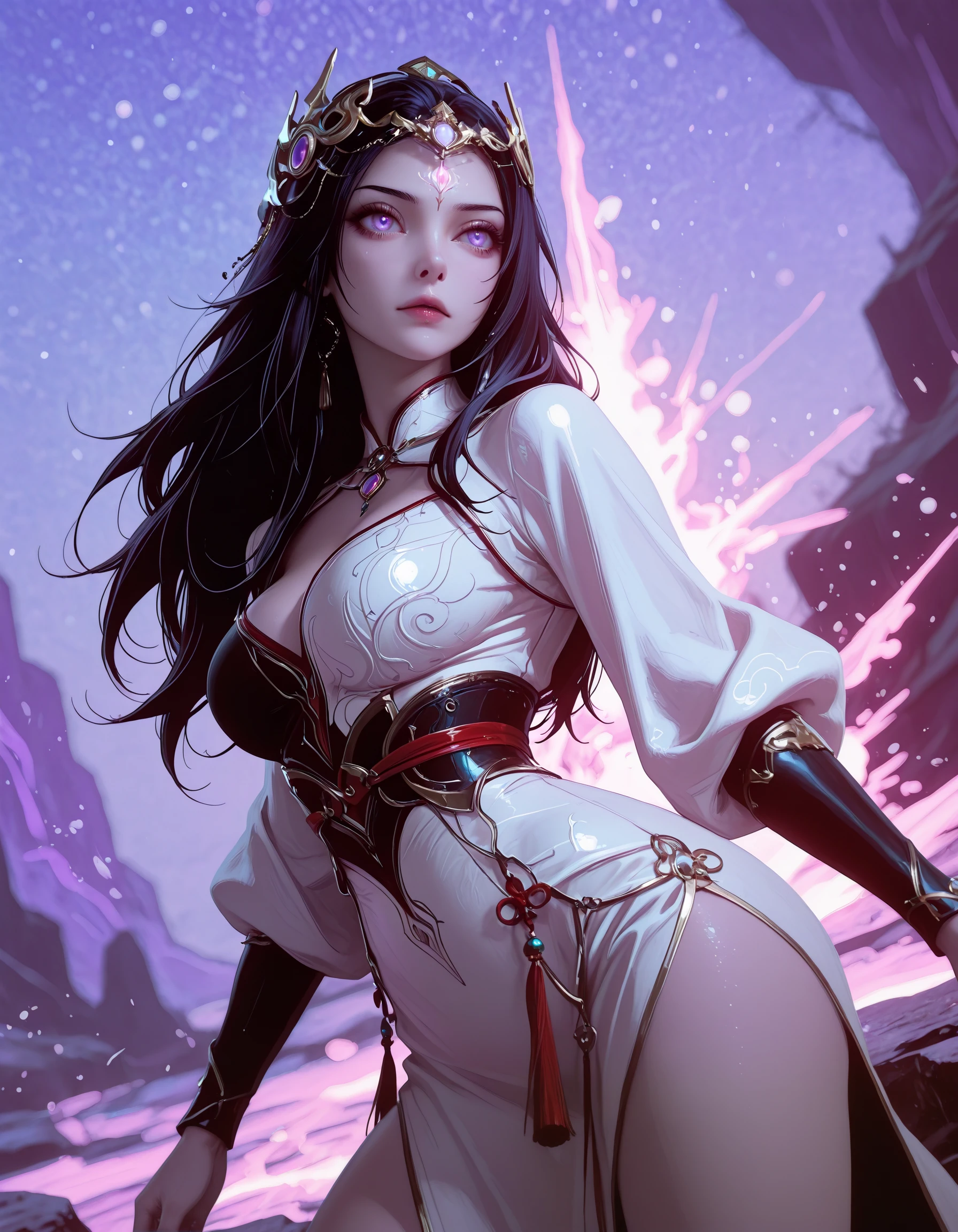 SmoothNoob_Quality, masterpiece, best quality, newest, absurdres, highres, very awa, very aesthetic, ultra-detailed, vivid, hongdie, 1girl, black hair, purple eyes, glowing_eye, long hair, upturned eyes, hair ornament, fantasy girl, elegant, chinese dress, xian ni, xianxia, dynamic_pose, cowboy_shot, ilya_kuvshinov, EGirlBG, blurry background, abstract_background, surreal, celestial landscape, <lora:DepthPop:0.55> <lora:Hong_Die_-_Red_Butterfly_Renegade_Immortal-000016:0.7>