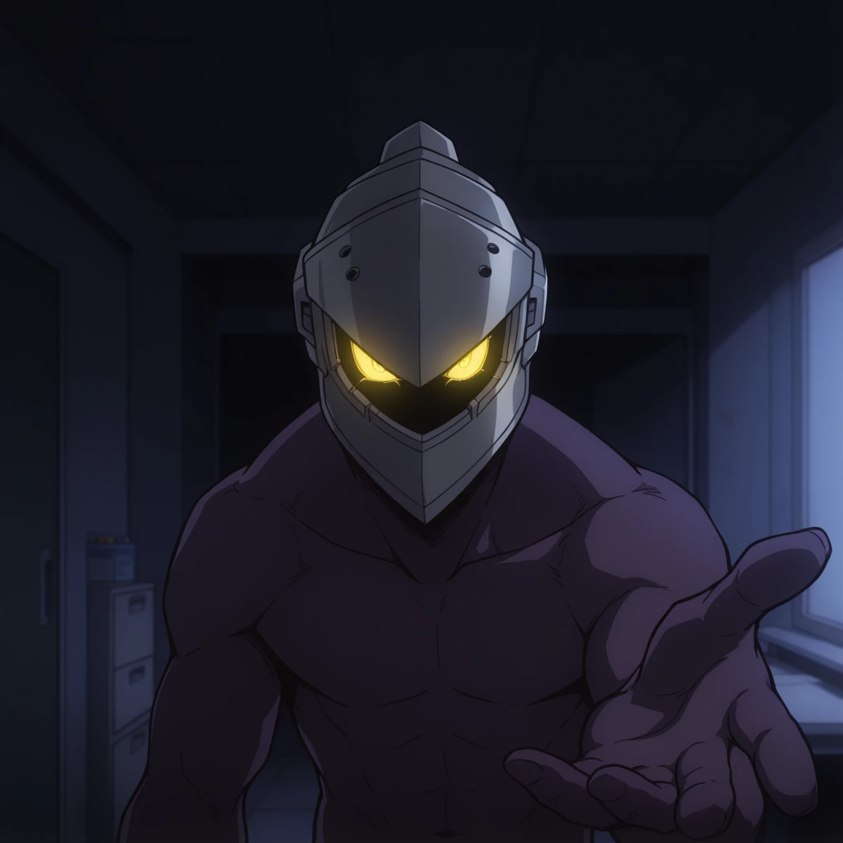 masterpiece, best quality, official style, 1male,male focus, male body, nude, BREAK <lora:RoboNomu:1> RoboNomu, Nomu, Dark Purple Skin, yellow glowing eyes, Metal Helmet, lab room, dark room, dark atmosphere, looking at viewer, hand  reaching towards viewer <lora:My_Hero_Academia_Illustrious_X1_1024_SD8:1.0>