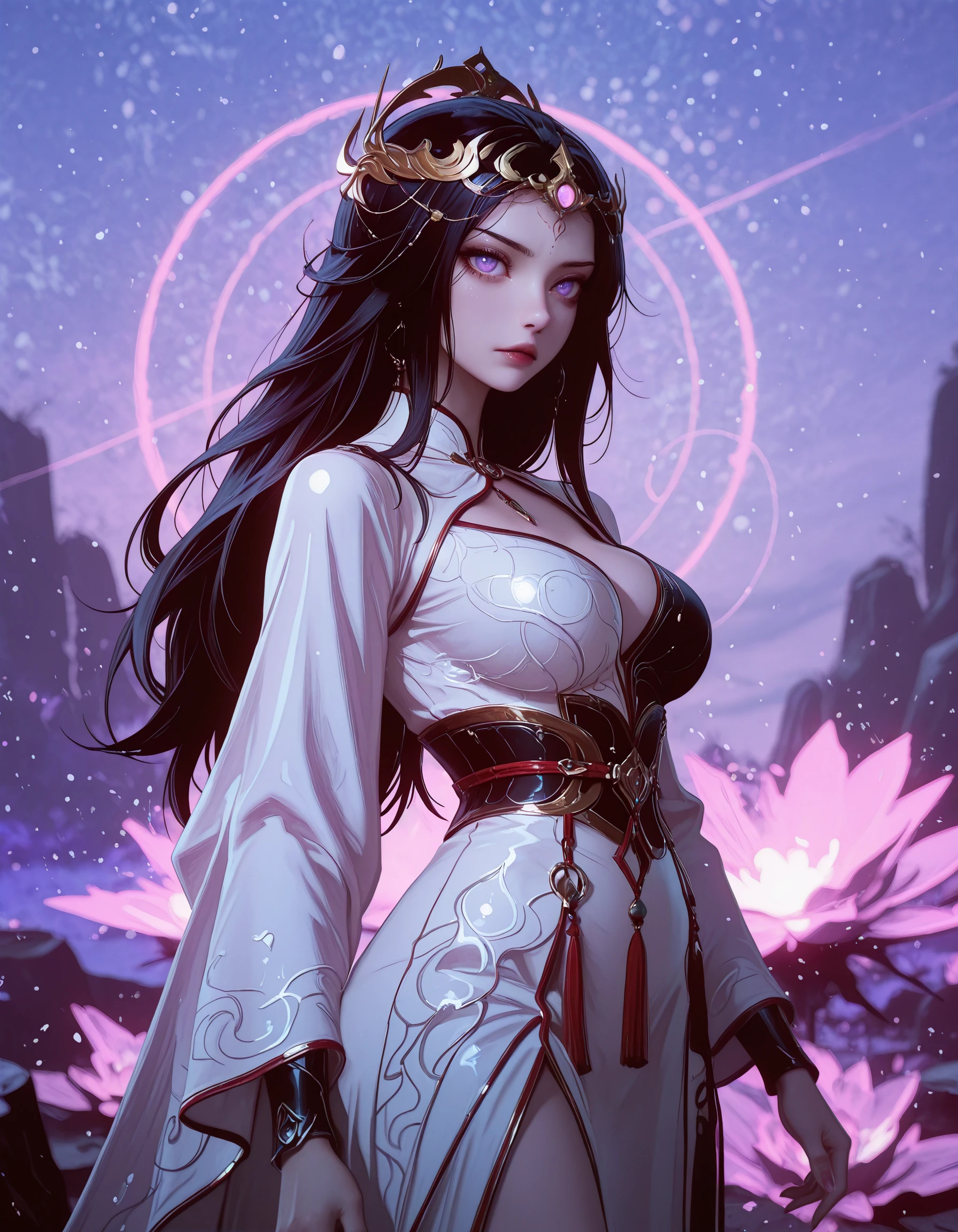 SmoothNoob_Quality, masterpiece, best quality, newest, absurdres, highres, very awa, very aesthetic, ultra-detailed, vivid, hongdie, 1girl, black hair, purple eyes, glowing_eye, long hair, upturned eyes, hair ornament, fantasy girl, elegant, chinese dress, xian ni, xianxia, dynamic_pose, cowboy_shot, ilya_kuvshinov, EGirlBG, blurry background, abstract_background, surreal, celestial landscape, <lora:DepthPop:0.55> <lora:Hong_Die_-_Red_Butterfly_Renegade_Immortal-000016:0.7>