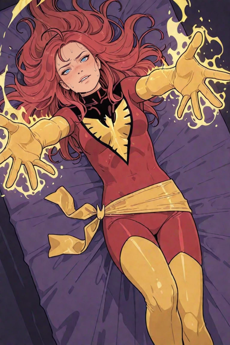 a piece, worst quality, not very good, least aesthetic, DarkPhoenix, solo,  pov, dutch angle, DarkPhoenix, red hair, blue eyes, long hair, red  ,yellow elbow gloves, thigh highs, yellow waist ribbon, outstretched arms, magic, aura, laying, on back, outstretched arms, biting lip, ahoge, sweat, bedroom scene