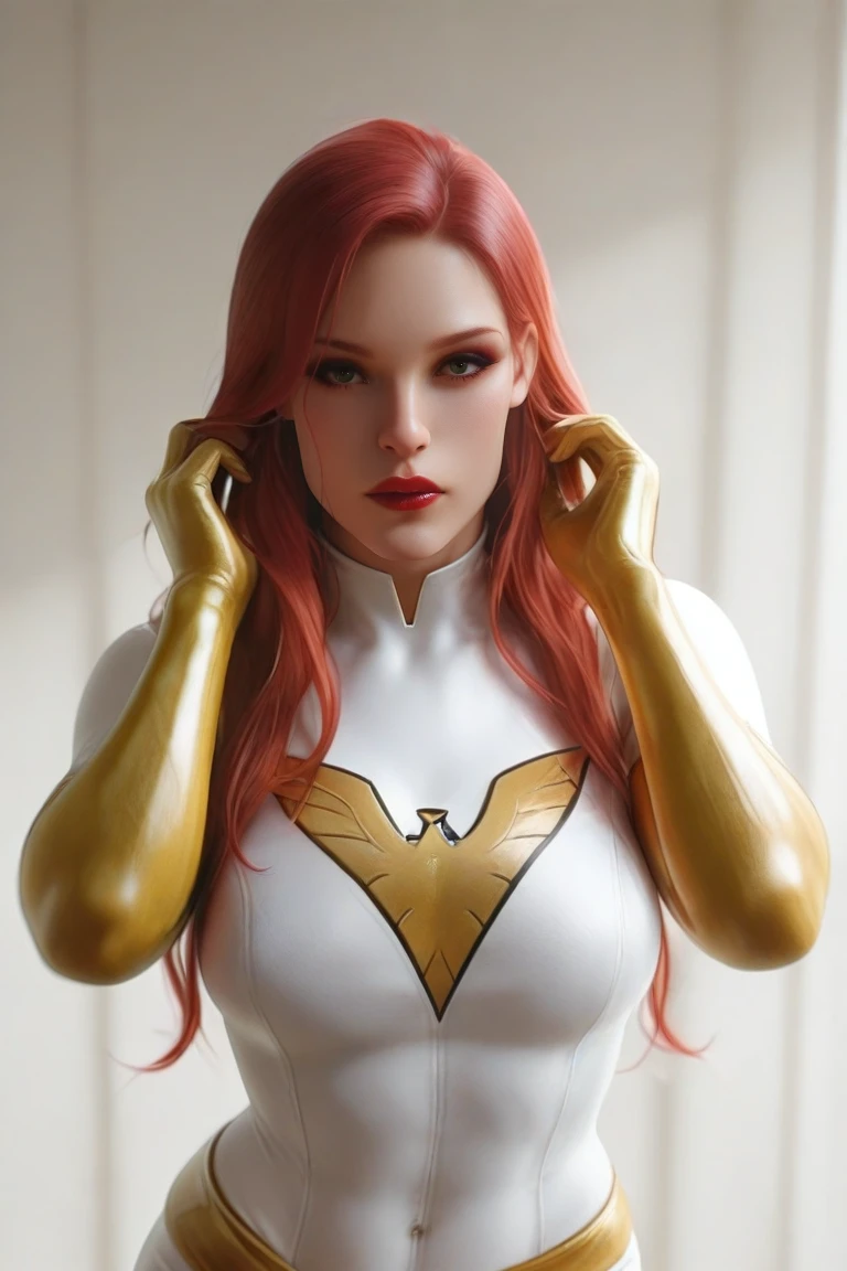 WhitePhoenix, 1girl, solo, red hair, realistic, long hair, gloves, , makeup, yellow gloves, cosplay, elbow gloves, lipstick, superhero, looking at viewer, white , green eyes, red lips, , cosplay, masterpiece,best quality,amazing quality