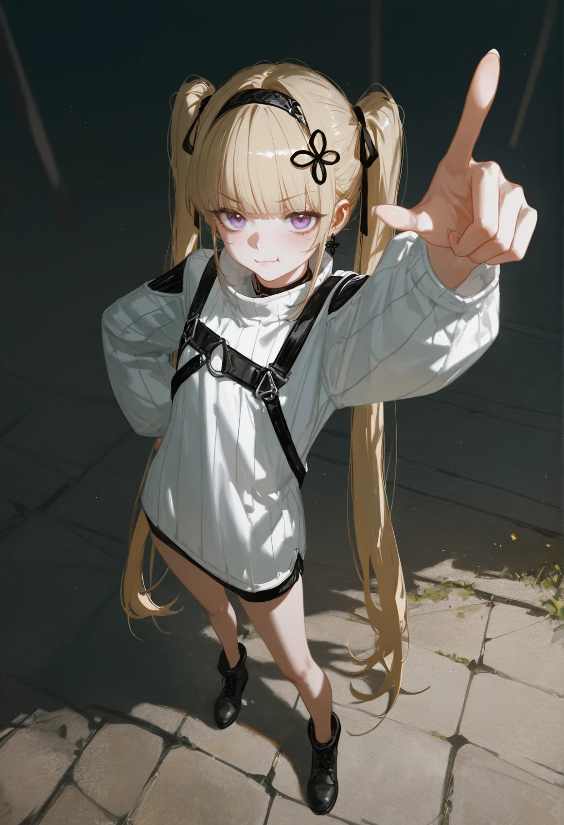 oil painting,impasto,highres,extremely detailed 8k wallpaper,illustration,depth of field,great quality,masterpiece,best quality,amazing quality,very aesthetic,absurdres,wallpaper,detail eyes,
artist:dino_(dinoartforame),artist:konya_karasue,(artist:nixeu:0.8),(artist:wlop:0.5),artist:ciloranko BREAK
Dark fantasy style,1girl,solo,outdoors,1girl,sexy dynamic pose,perfect quality,high quality,dynamic angle,dynamic,dynamic shot,epic,legs BREAK (Masterpiece),expressive eyes,
smile,looking_up,from_above,
<lora:é:1>,Lin,blonde hair,blunt bangs,golden hair,purple eyes,twintails,very long hair,
Linyifu,Linyifu legs,Linyifu black hairband,Linyifu black boots,hair ribbon,Linyifu high-necked clothes,Linyifu long sleeves,Linyifu black long earring ribbon,arm_up,pointing_at_viewer,pout,white clothes,