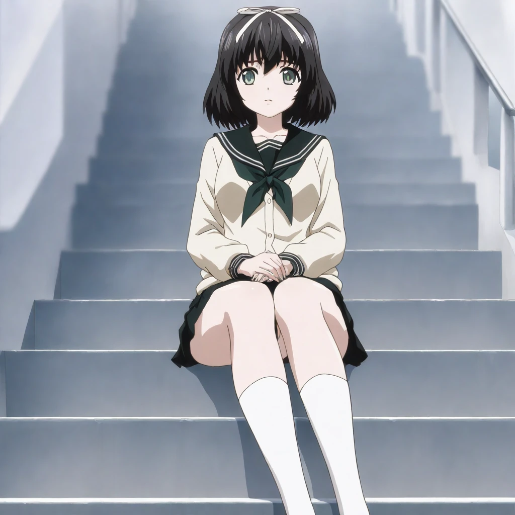 masterpiece,high score,great score,absurdres,anime coloring,looking at viewer,solo,<lora:KanaeHokari hassakuill30:1> kanaehokari, black hair, short hair, hair ribbon, green eyes,serafuku,skirt,white socks,